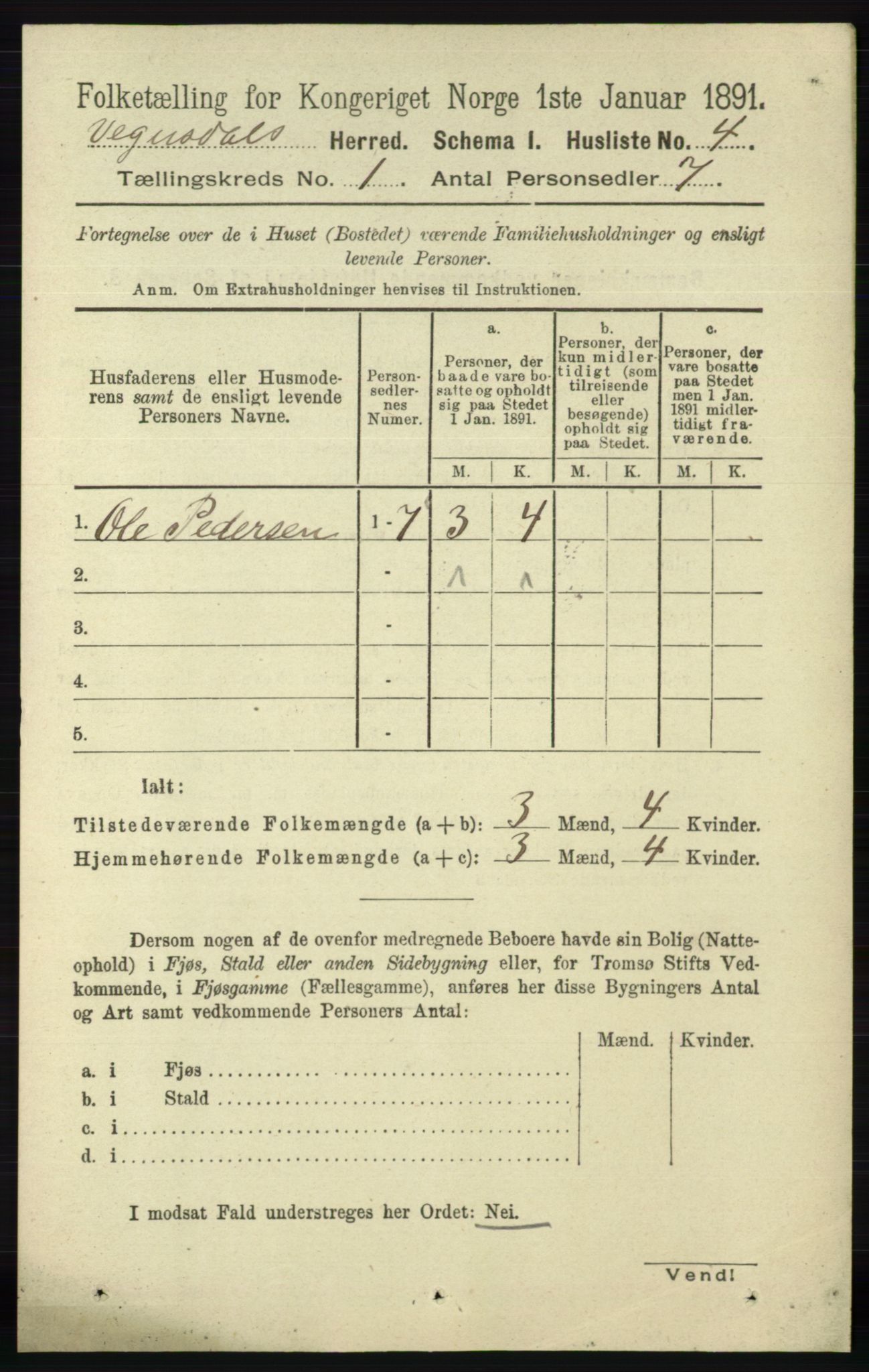 RA, 1891 census for 0934 Vegusdal, 1891, p. 22