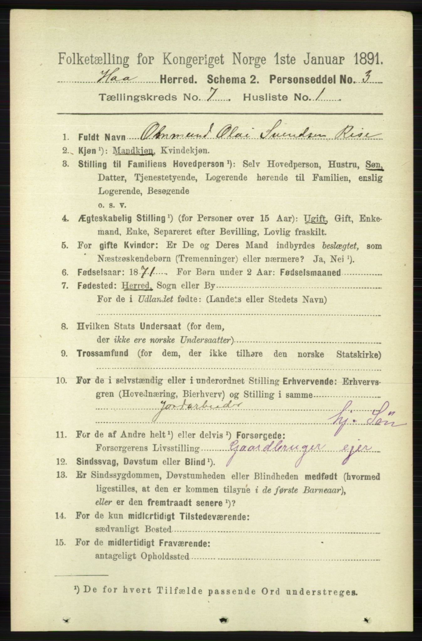 RA, 1891 census for 1119 Hå, 1891, p. 1916