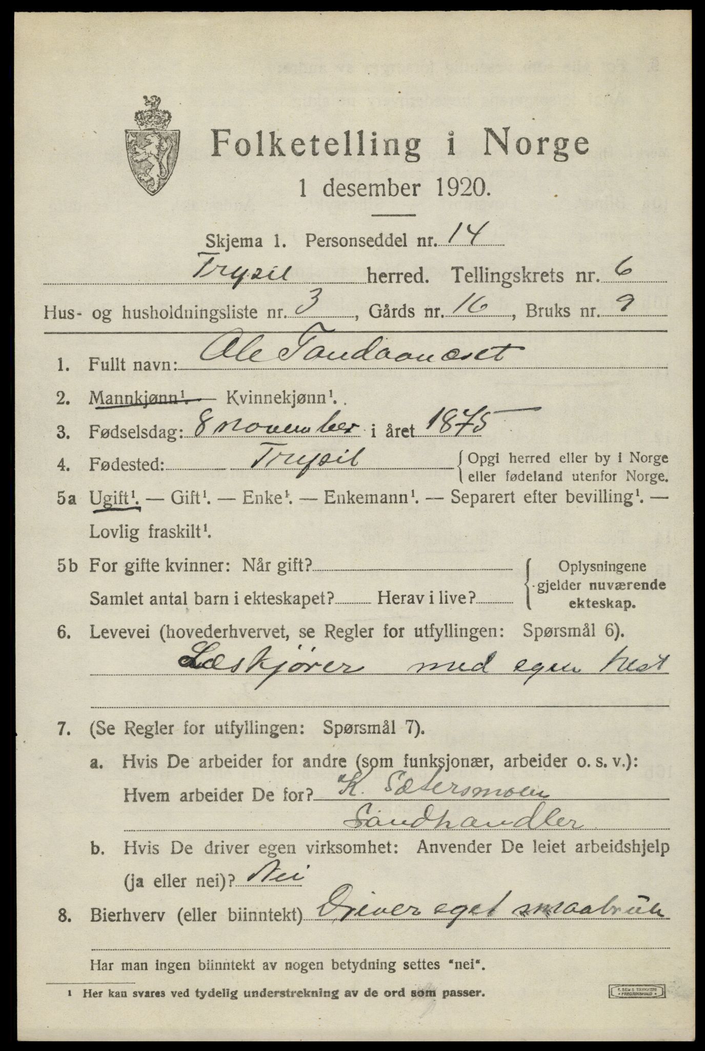 SAH, 1920 census for Trysil, 1920, p. 4593