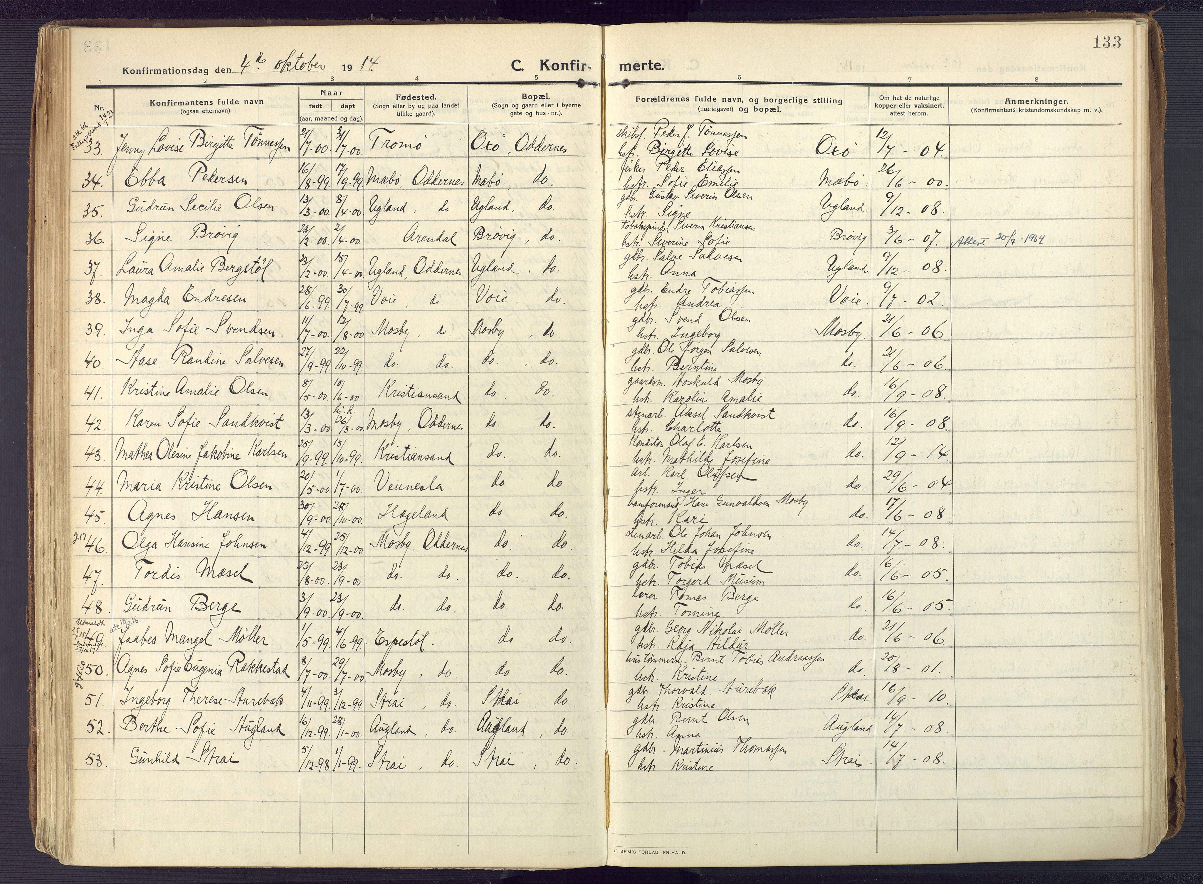 Oddernes sokneprestkontor, AV/SAK-1111-0033/F/Fa/Faa/L0012: Parish register (official) no. A 12, 1912-1925, p. 133