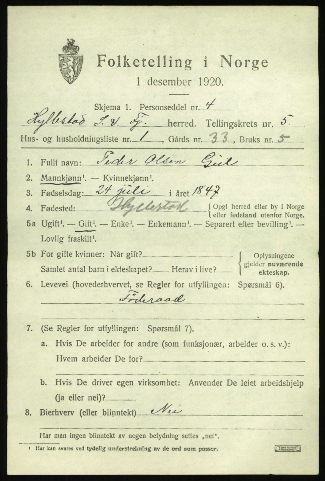 SAB, 1920 census for Hyllestad, 1920, p. 2364