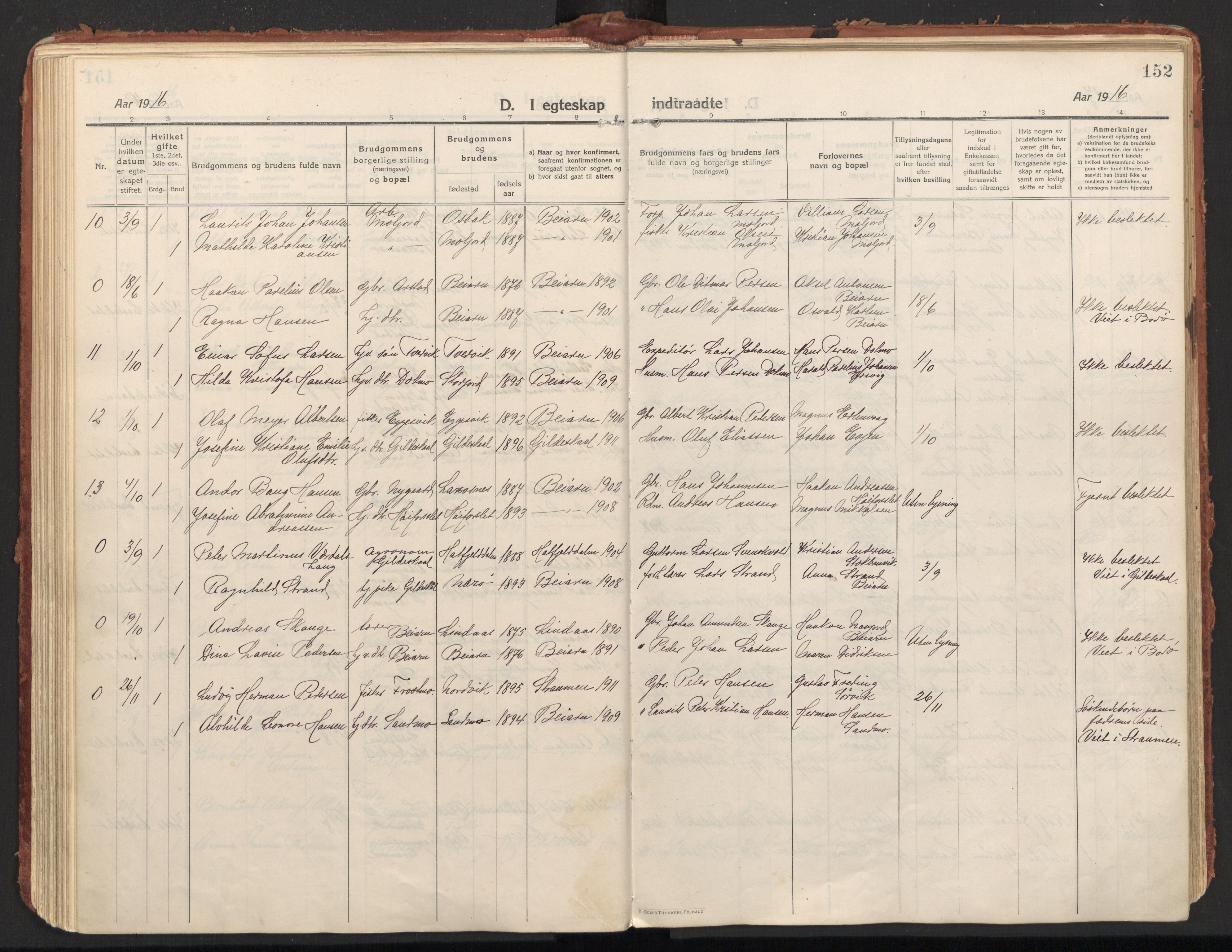 Ministerialprotokoller, klokkerbøker og fødselsregistre - Nordland, SAT/A-1459/846/L0650: Parish register (official) no. 846A08, 1916-1935, p. 152