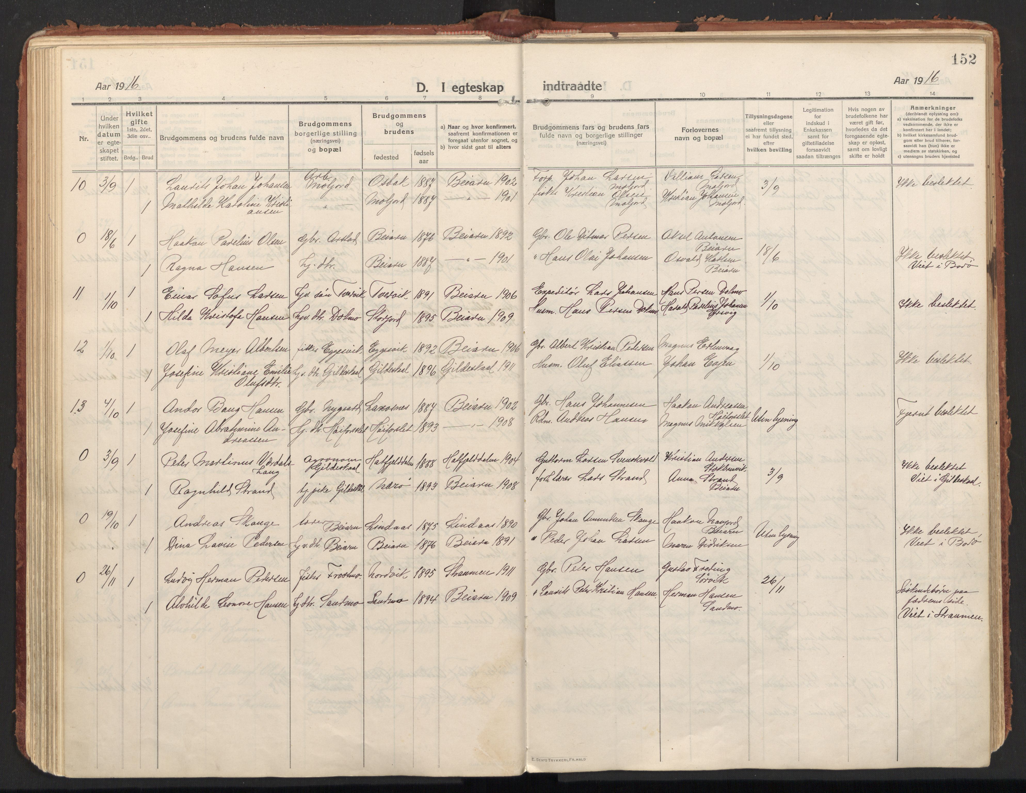 Ministerialprotokoller, klokkerbøker og fødselsregistre - Nordland, AV/SAT-A-1459/846/L0650: Parish register (official) no. 846A08, 1916-1935, p. 152