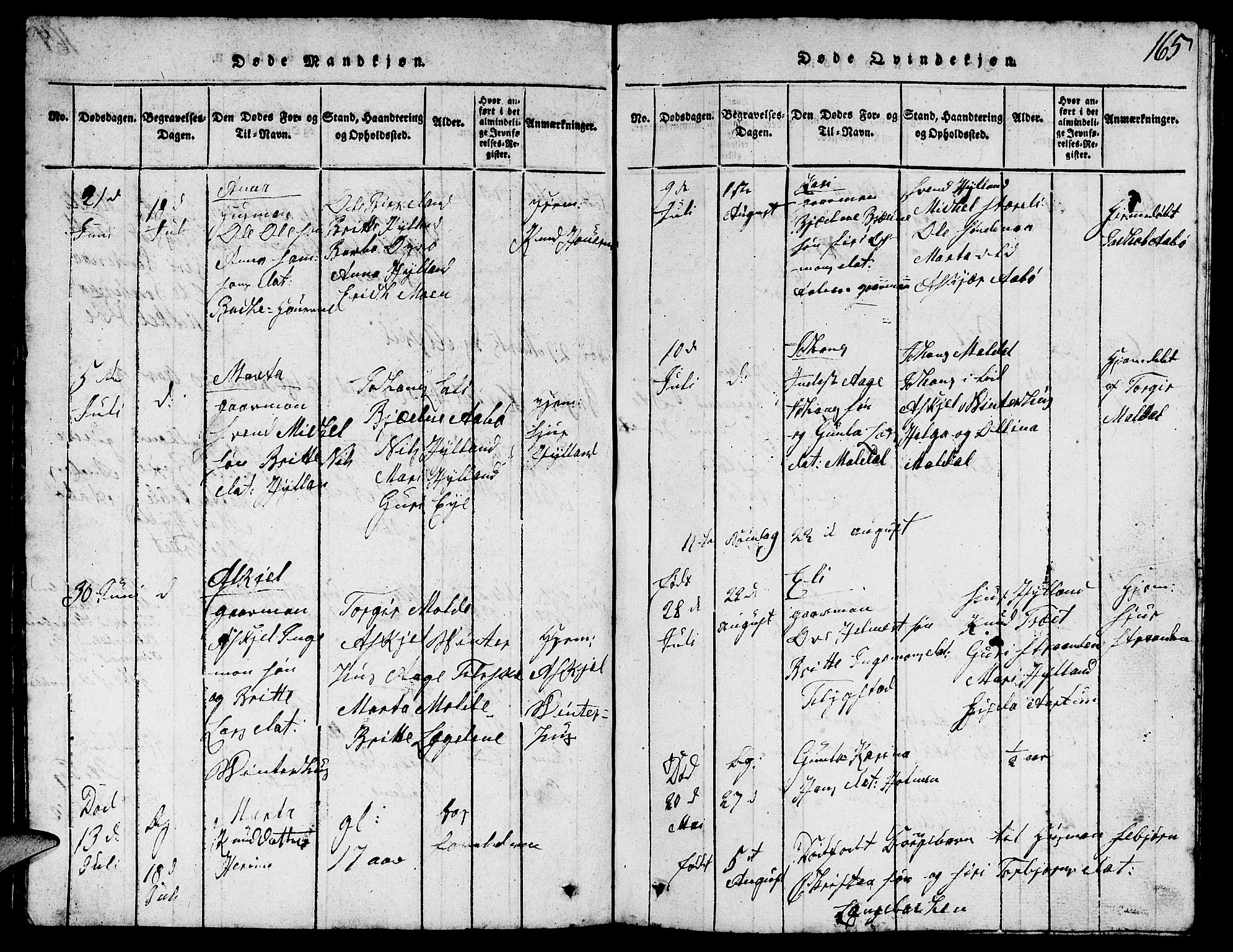Suldal sokneprestkontor, SAST/A-101845/01/V/L0002: Parish register (copy) no. B 2, 1816-1845, p. 165