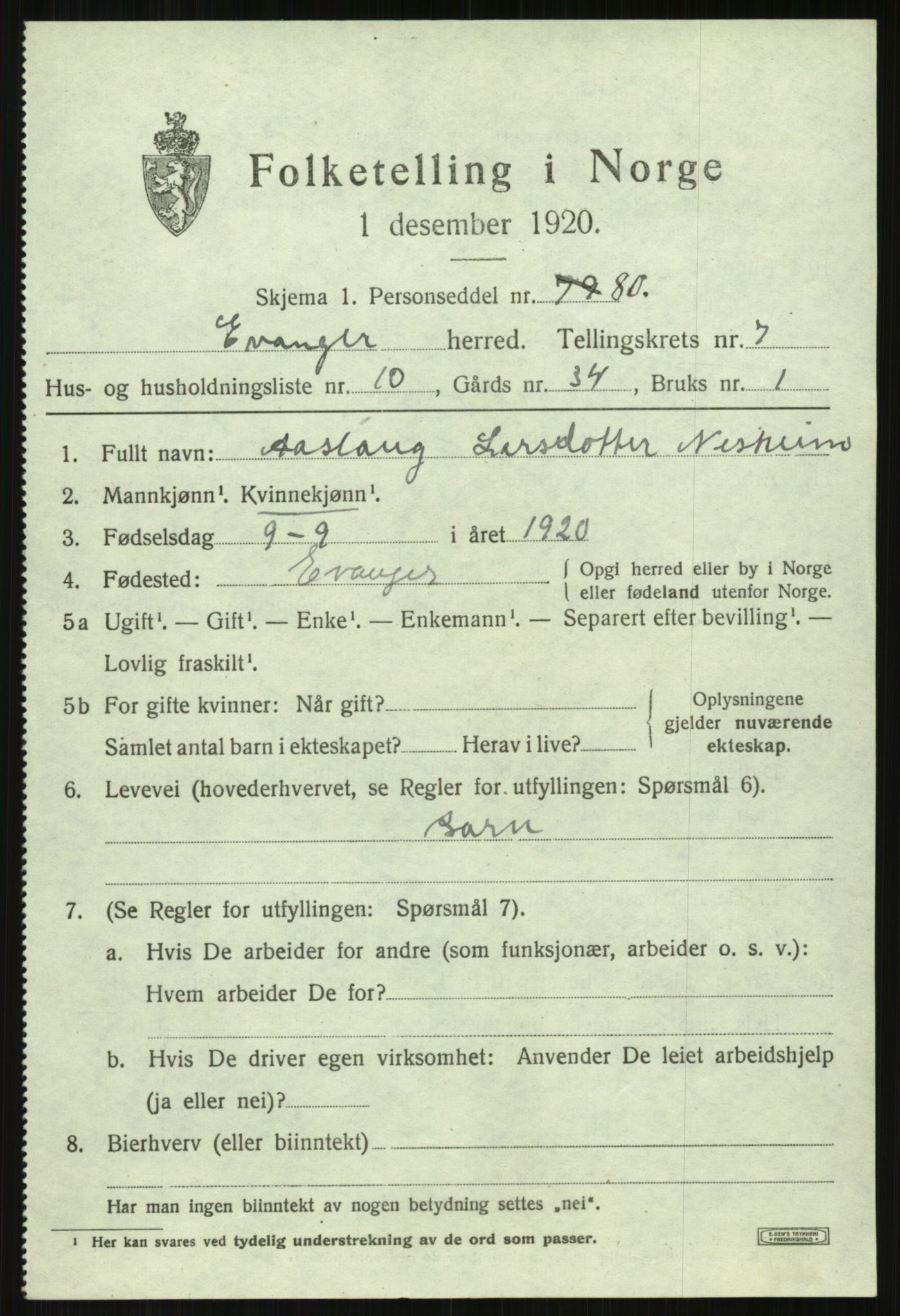 SAB, 1920 census for Evanger, 1920, p. 2477