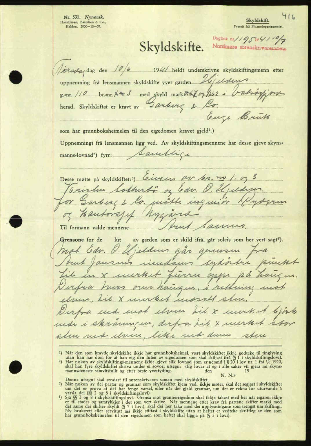 Nordmøre sorenskriveri, AV/SAT-A-4132/1/2/2Ca: Mortgage book no. A90, 1941-1941, Diary no: : 1195/1941