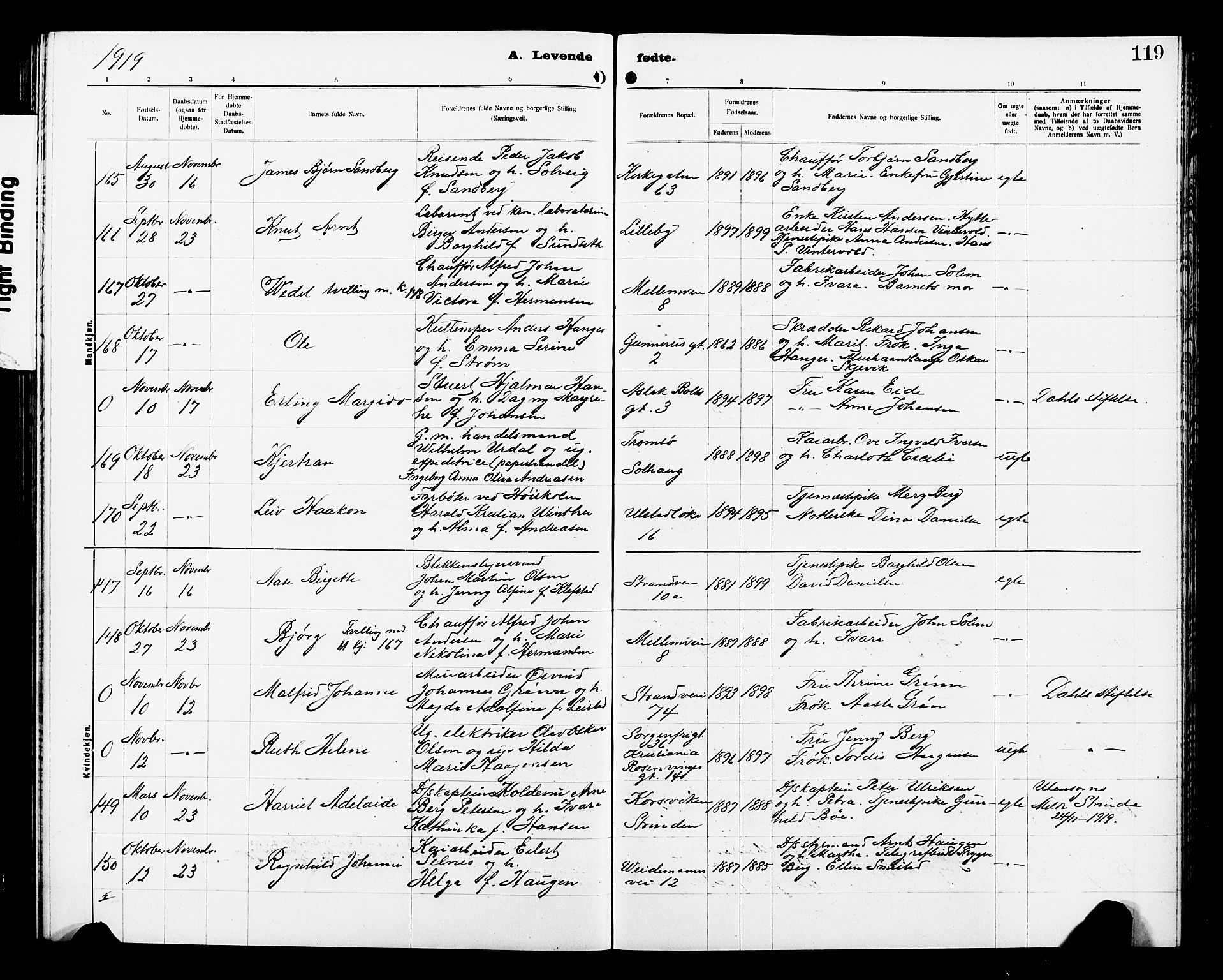 Ministerialprotokoller, klokkerbøker og fødselsregistre - Sør-Trøndelag, SAT/A-1456/605/L0256: Parish register (copy) no. 605C03, 1916-1920, p. 119