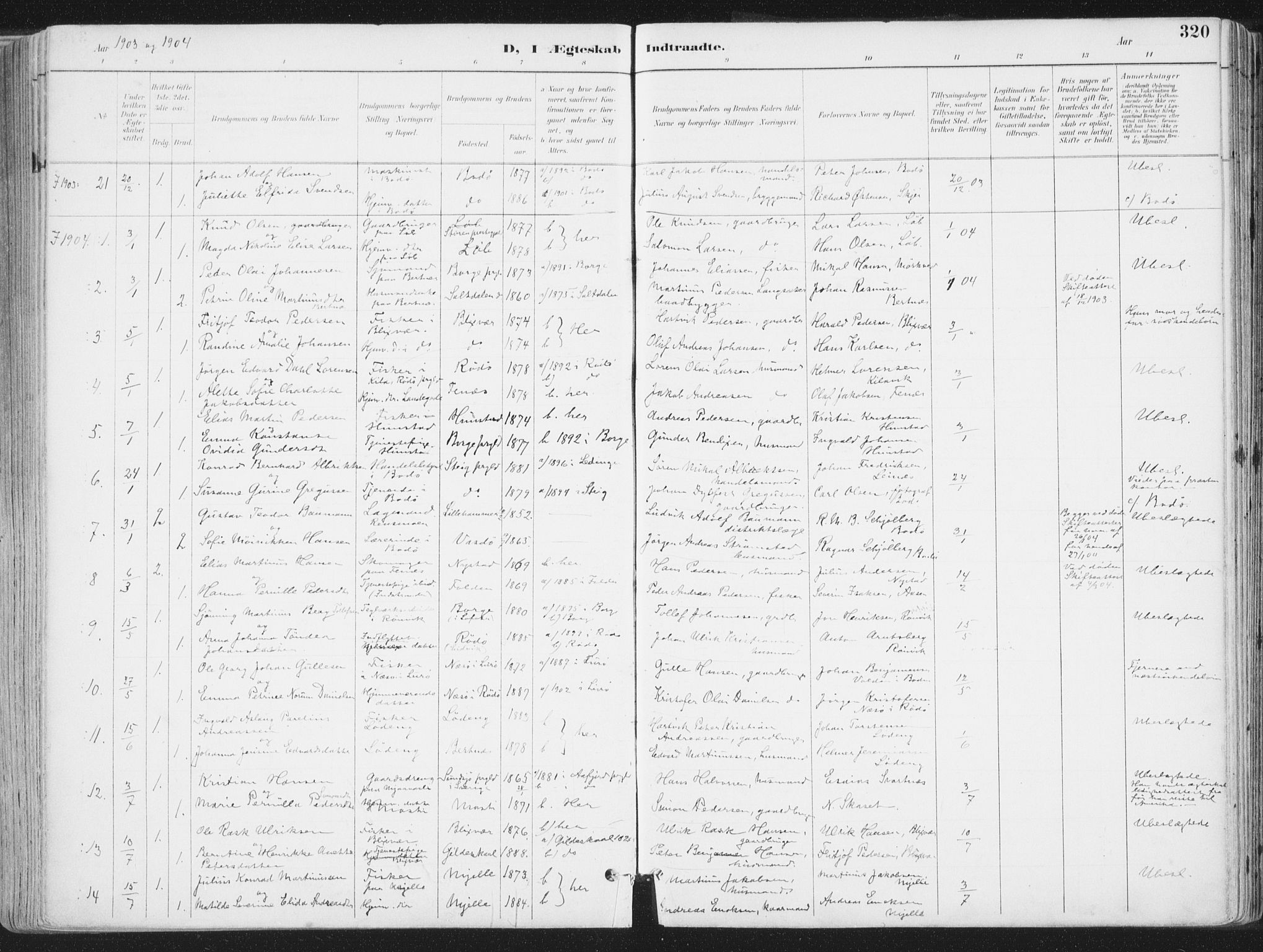 Ministerialprotokoller, klokkerbøker og fødselsregistre - Nordland, AV/SAT-A-1459/802/L0055: Parish register (official) no. 802A02, 1894-1915, p. 320