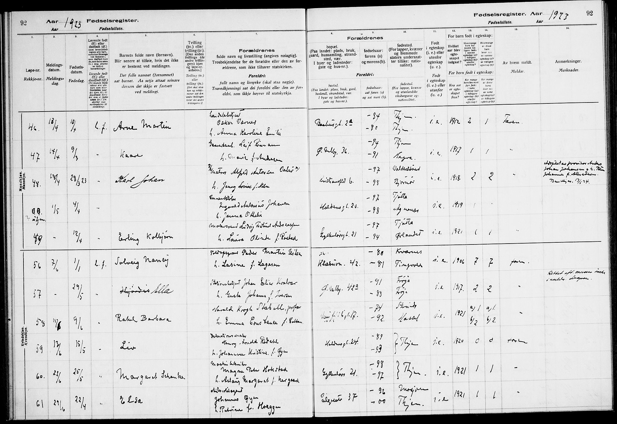 Ministerialprotokoller, klokkerbøker og fødselsregistre - Sør-Trøndelag, AV/SAT-A-1456/604/L0233: Birth register no. 604.II.4.2, 1920-1928, p. 92