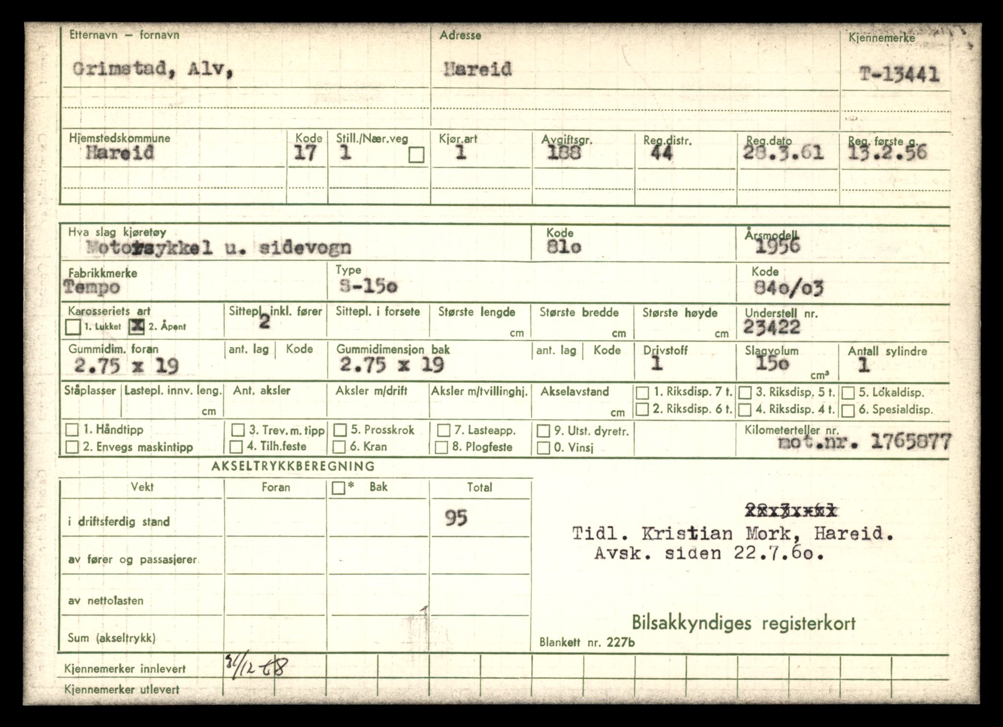 Møre og Romsdal vegkontor - Ålesund trafikkstasjon, AV/SAT-A-4099/F/Fe/L0039: Registreringskort for kjøretøy T 13361 - T 13530, 1927-1998, p. 1361