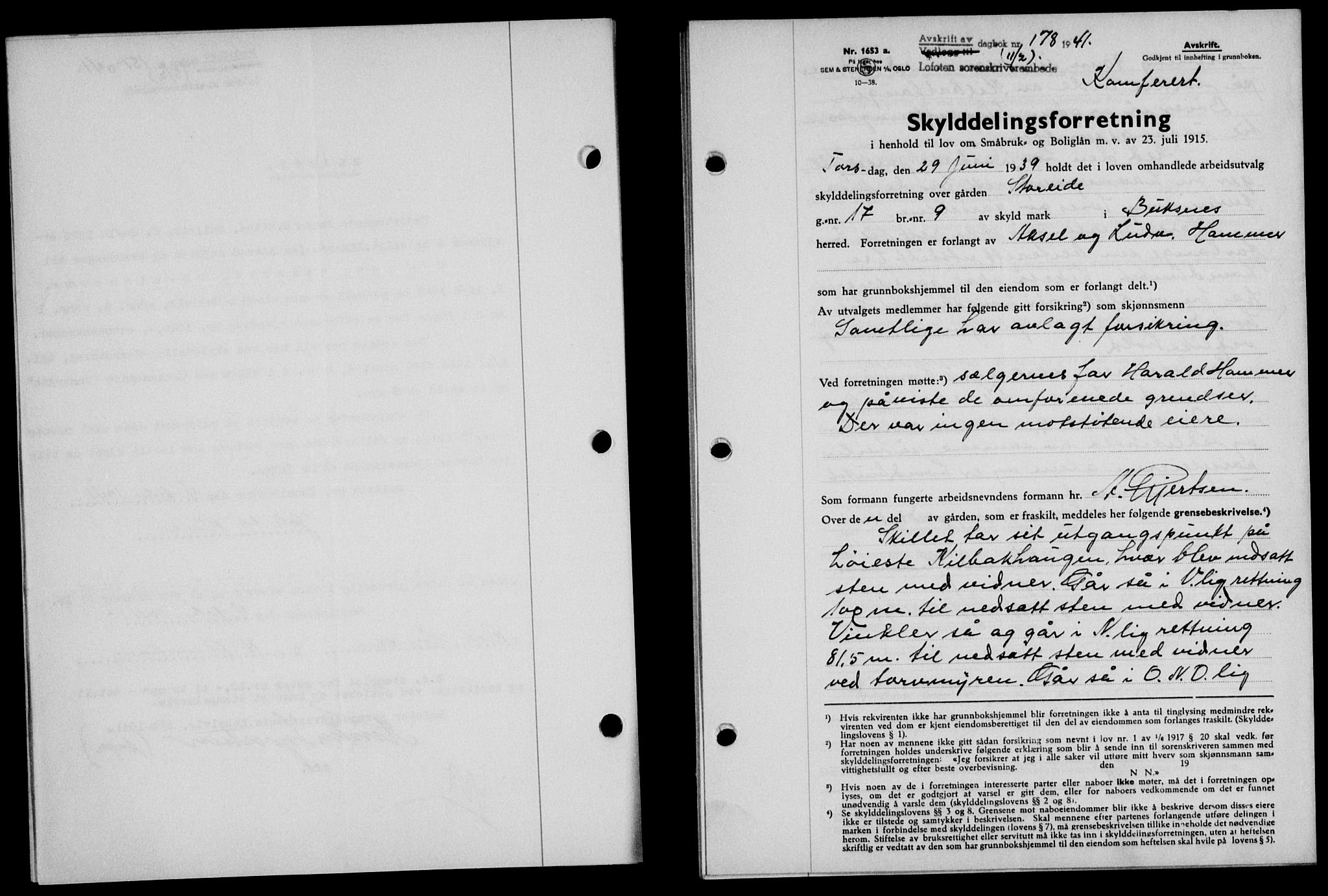 Lofoten sorenskriveri, SAT/A-0017/1/2/2C/L0008a: Mortgage book no. 8a, 1940-1941, Diary no: : 178/1941