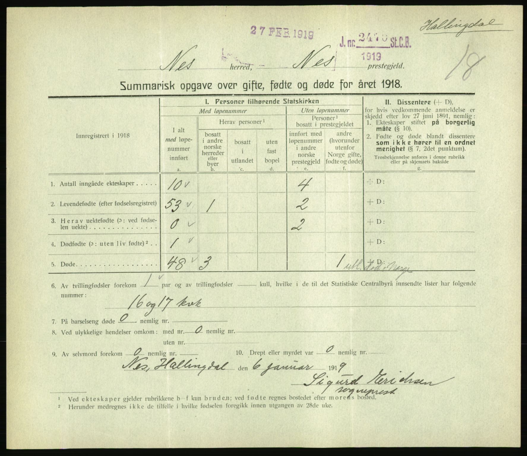 Statistisk sentralbyrå, Sosiodemografiske emner, Befolkning, RA/S-2228/D/Df/Dfb/Dfbh/L0059: Summariske oppgaver over gifte, fødte og døde for hele landet., 1918, p. 417