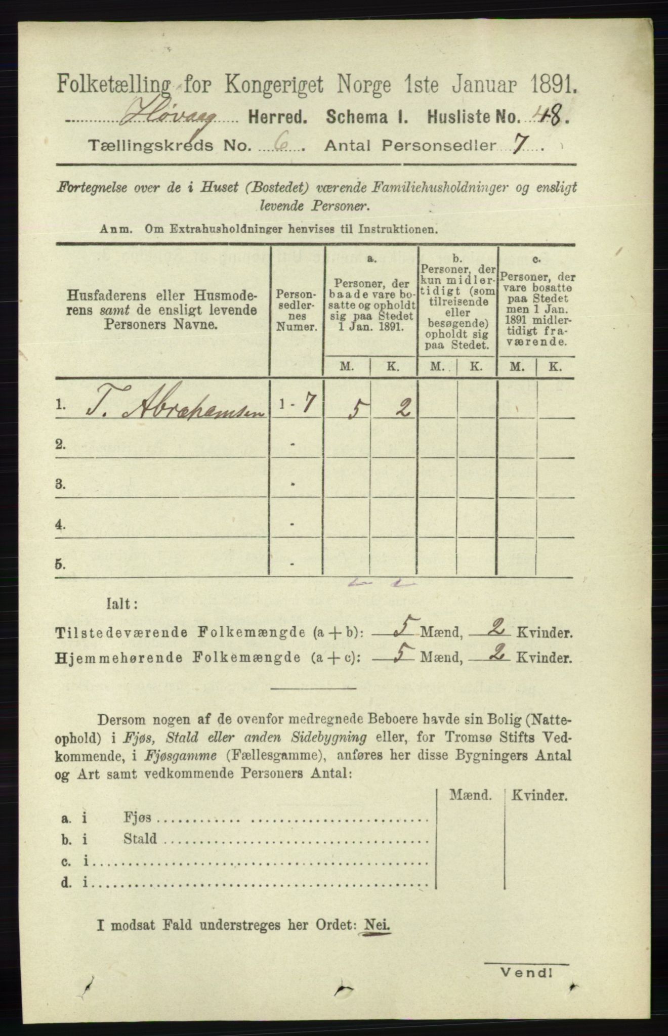 RA, 1891 census for 0927 Høvåg, 1891, p. 2206