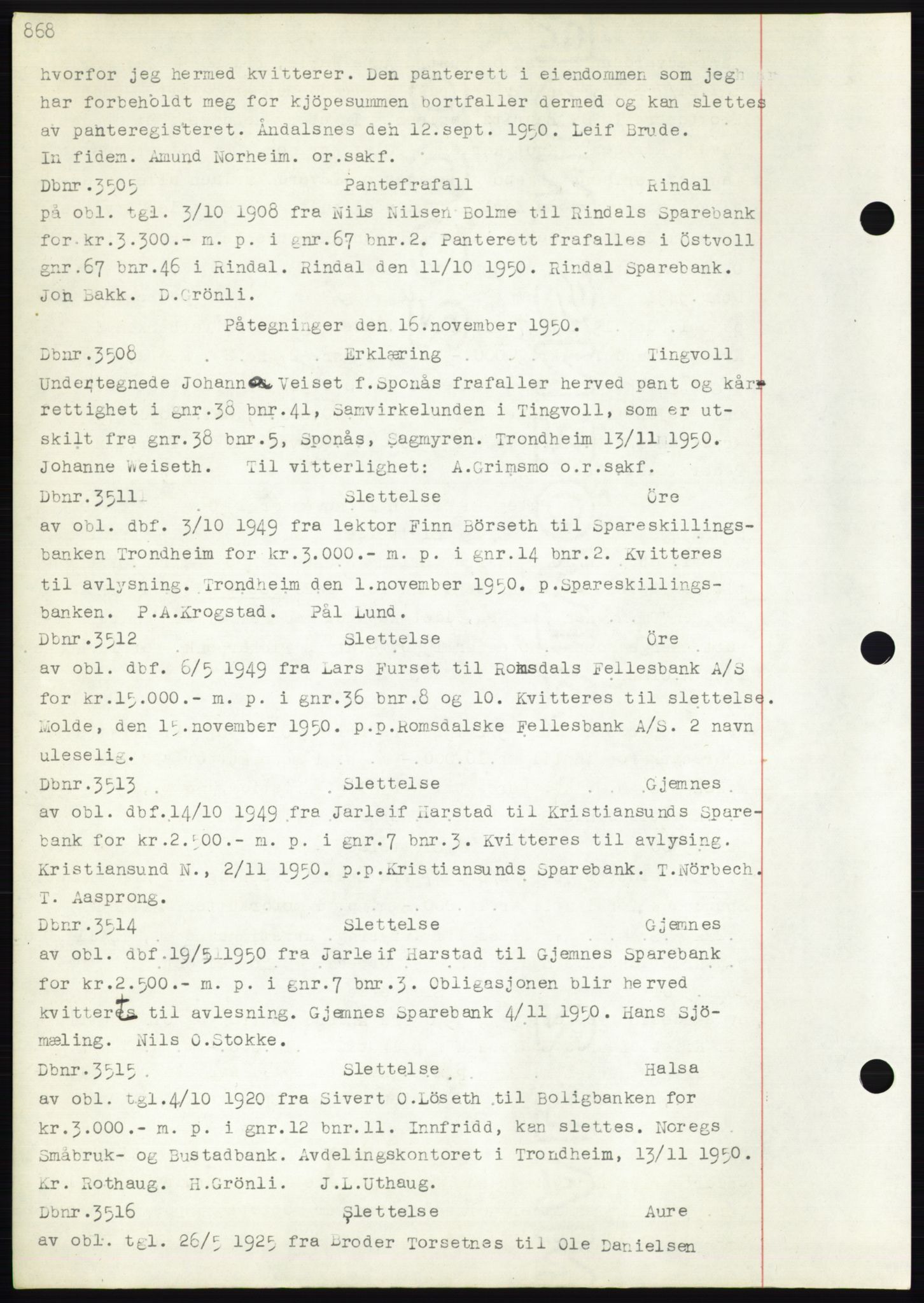 Nordmøre sorenskriveri, SAT/A-4132/1/2/2Ca: Mortgage book no. C82b, 1946-1951, Diary no: : 3505/1950