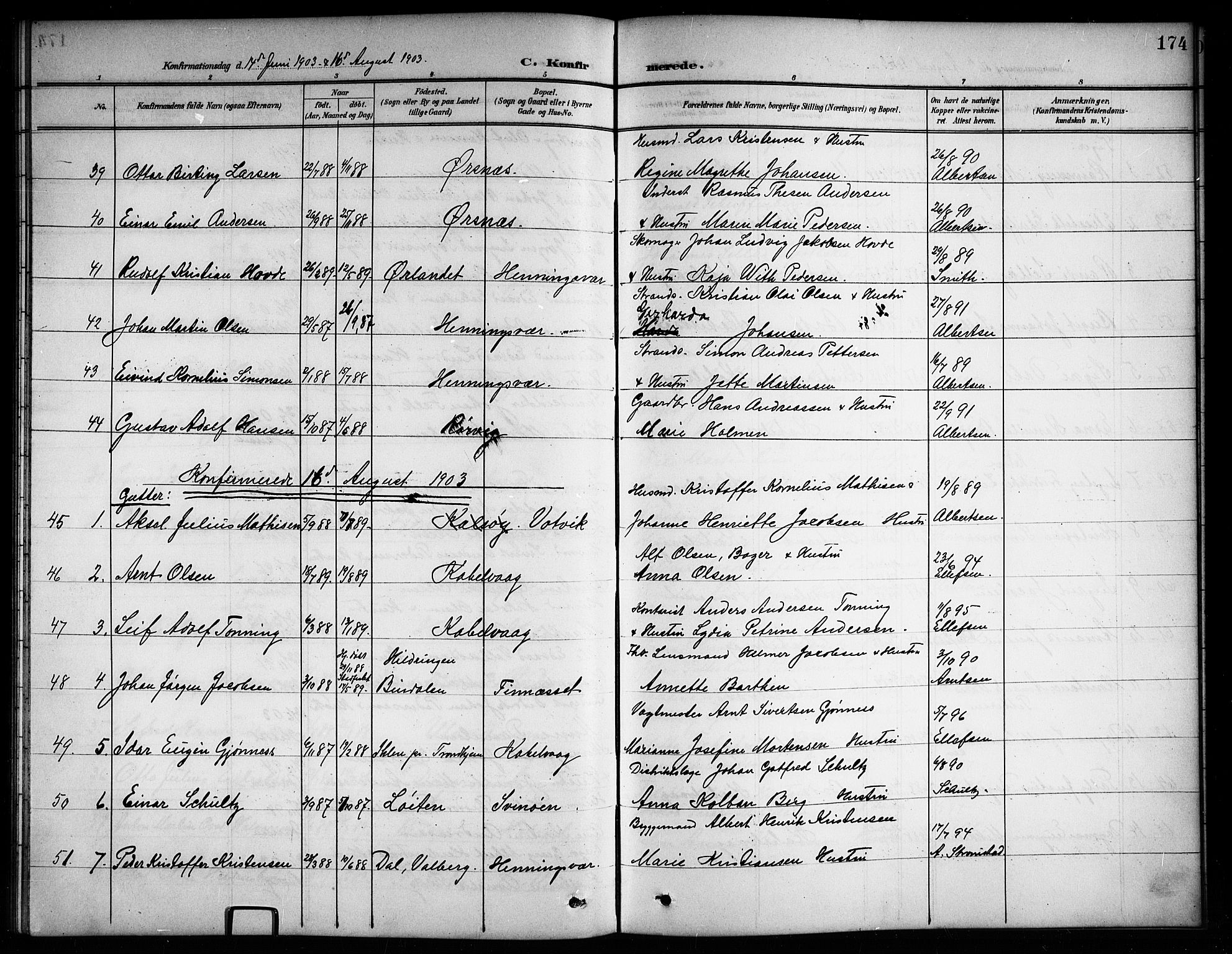 Ministerialprotokoller, klokkerbøker og fødselsregistre - Nordland, AV/SAT-A-1459/874/L1078: Parish register (copy) no. 874C07, 1900-1907, p. 174