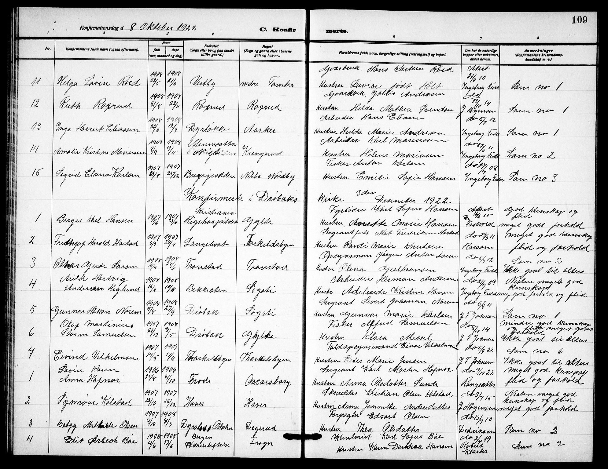 Drøbak prestekontor Kirkebøker, AV/SAO-A-10142a/G/Gb/L0002: Parish register (copy) no. II 2, 1919-1939, p. 109