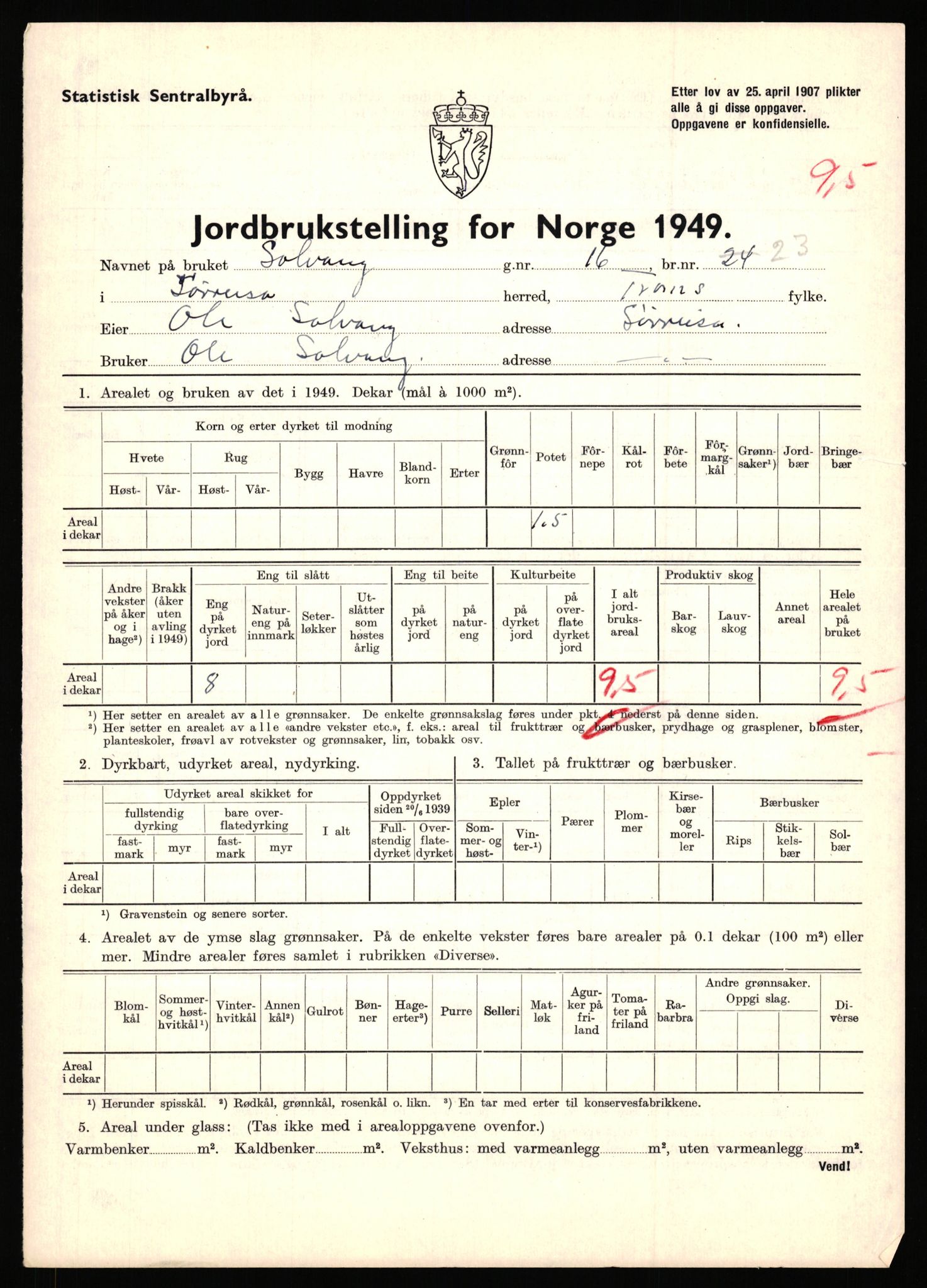 Statistisk sentralbyrå, Næringsøkonomiske emner, Jordbruk, skogbruk, jakt, fiske og fangst, AV/RA-S-2234/G/Gc/L0440: Troms: Sørreisa og Dyrøy, 1949, p. 110