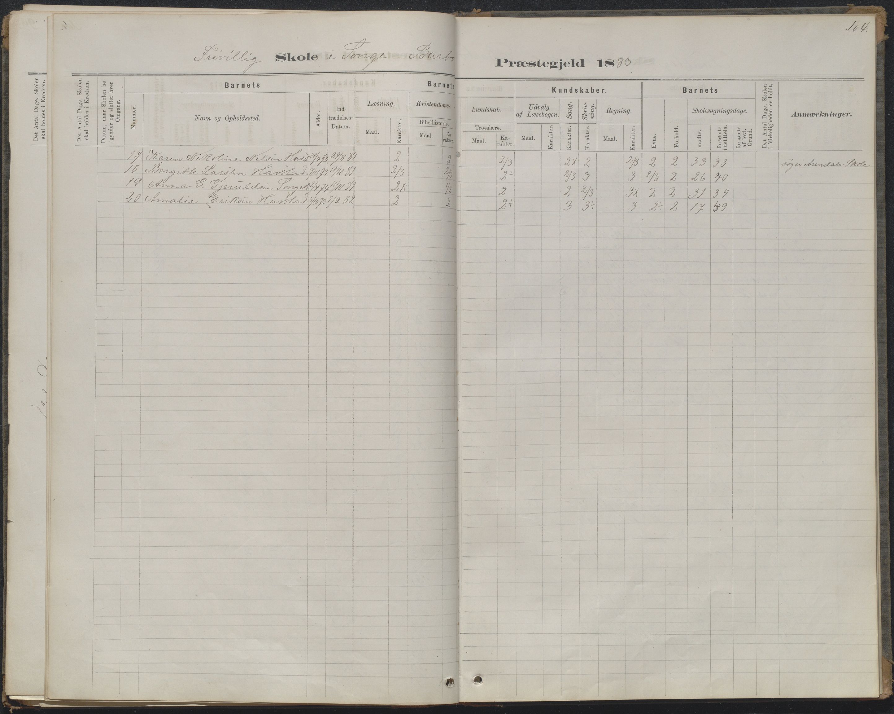 Arendal kommune, Katalog I, AAKS/KA0906-PK-I/07/L0368: Karakterprotokol lærerens skole, 1880-1893, p. 103