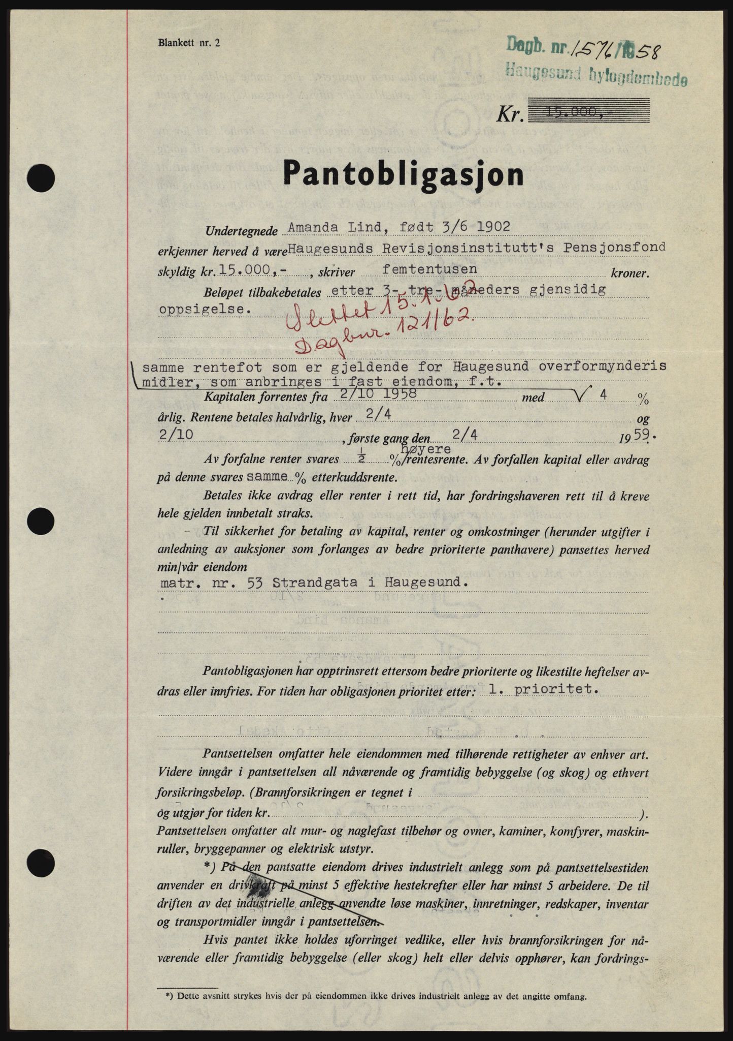 Haugesund tingrett, SAST/A-101415/01/II/IIC/L0044: Mortgage book no. B 44, 1958-1959, Diary no: : 1576/1958
