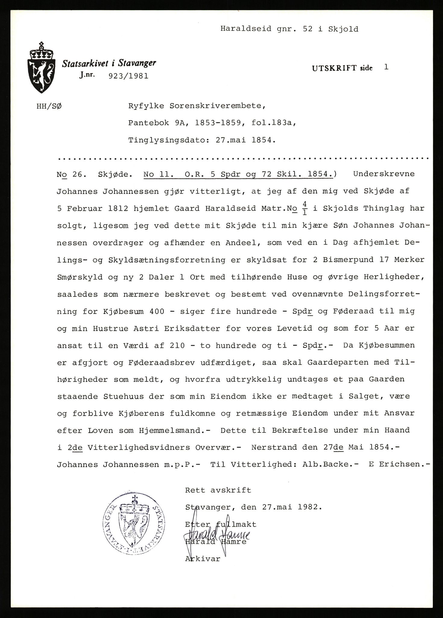 Statsarkivet i Stavanger, AV/SAST-A-101971/03/Y/Yj/L0030: Avskrifter sortert etter gårdsnavn: Hana - Harestad, 1750-1930, p. 764