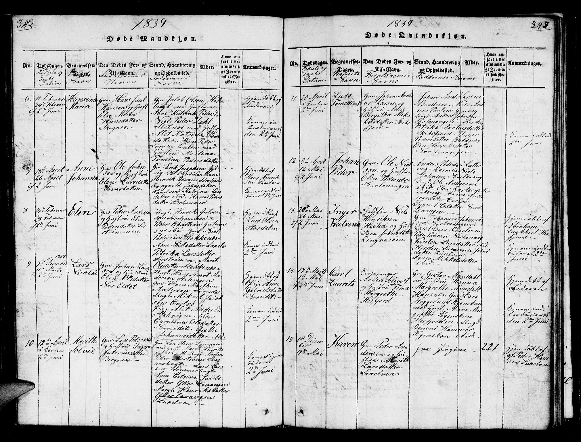 Karlsøy sokneprestembete, AV/SATØ-S-1299/H/Ha/Hab/L0001klokker: Parish register (copy) no. 1, 1821-1840, p. 342-343