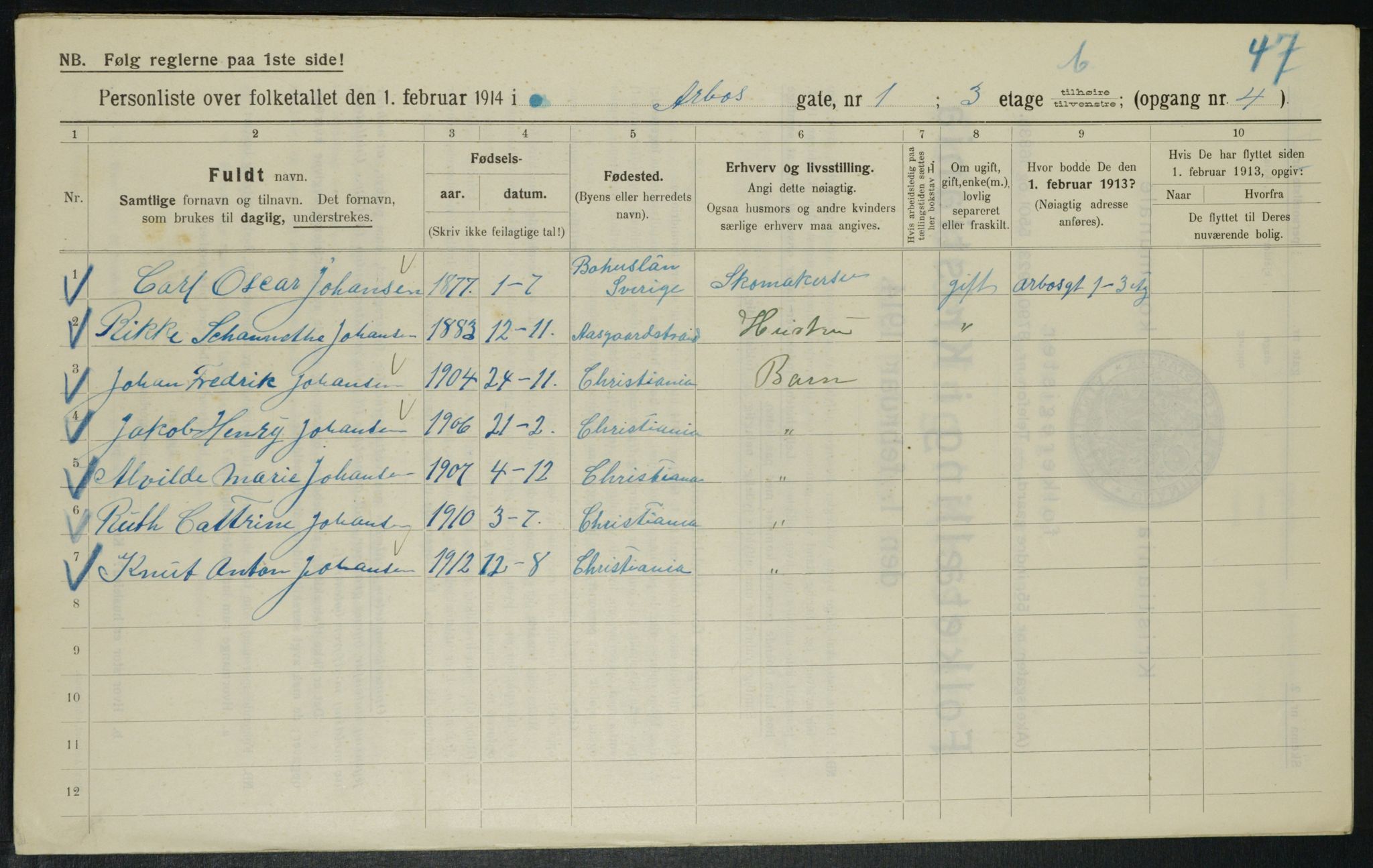 OBA, Municipal Census 1914 for Kristiania, 1914, p. 1719