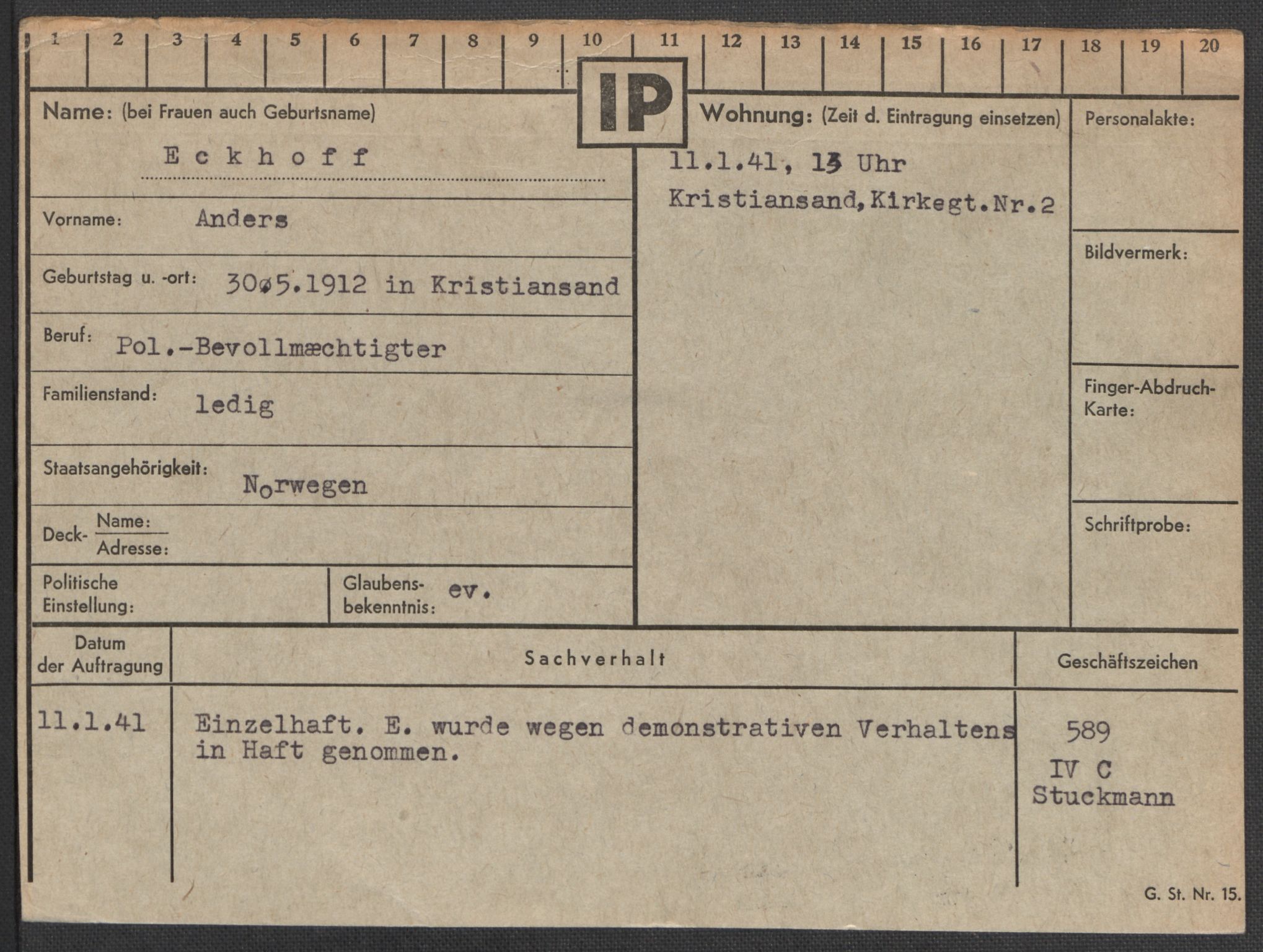 Befehlshaber der Sicherheitspolizei und des SD, AV/RA-RAFA-5969/E/Ea/Eaa/L0002: Register over norske fanger i Møllergata 19: Bj-Eng, 1940-1945, p. 1161