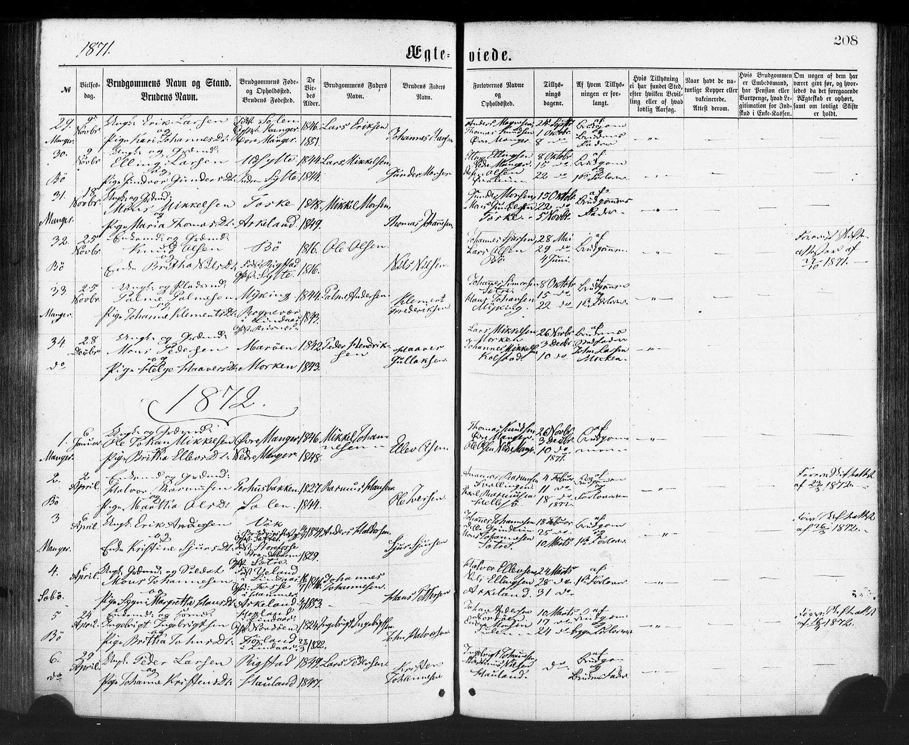 Manger sokneprestembete, SAB/A-76801/H/Haa: Parish register (official) no. A 8, 1871-1880, p. 208