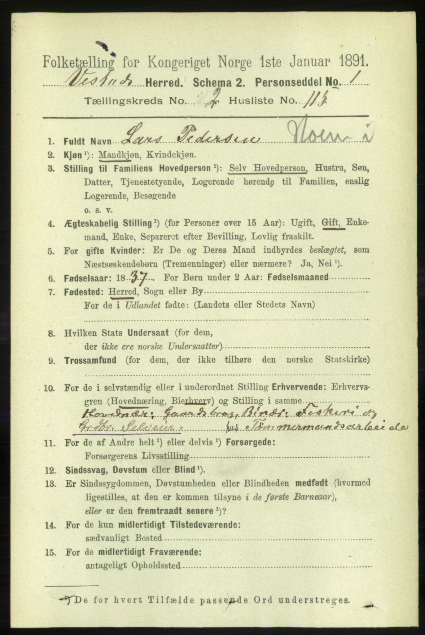 RA, 1891 census for 1535 Vestnes, 1891, p. 792