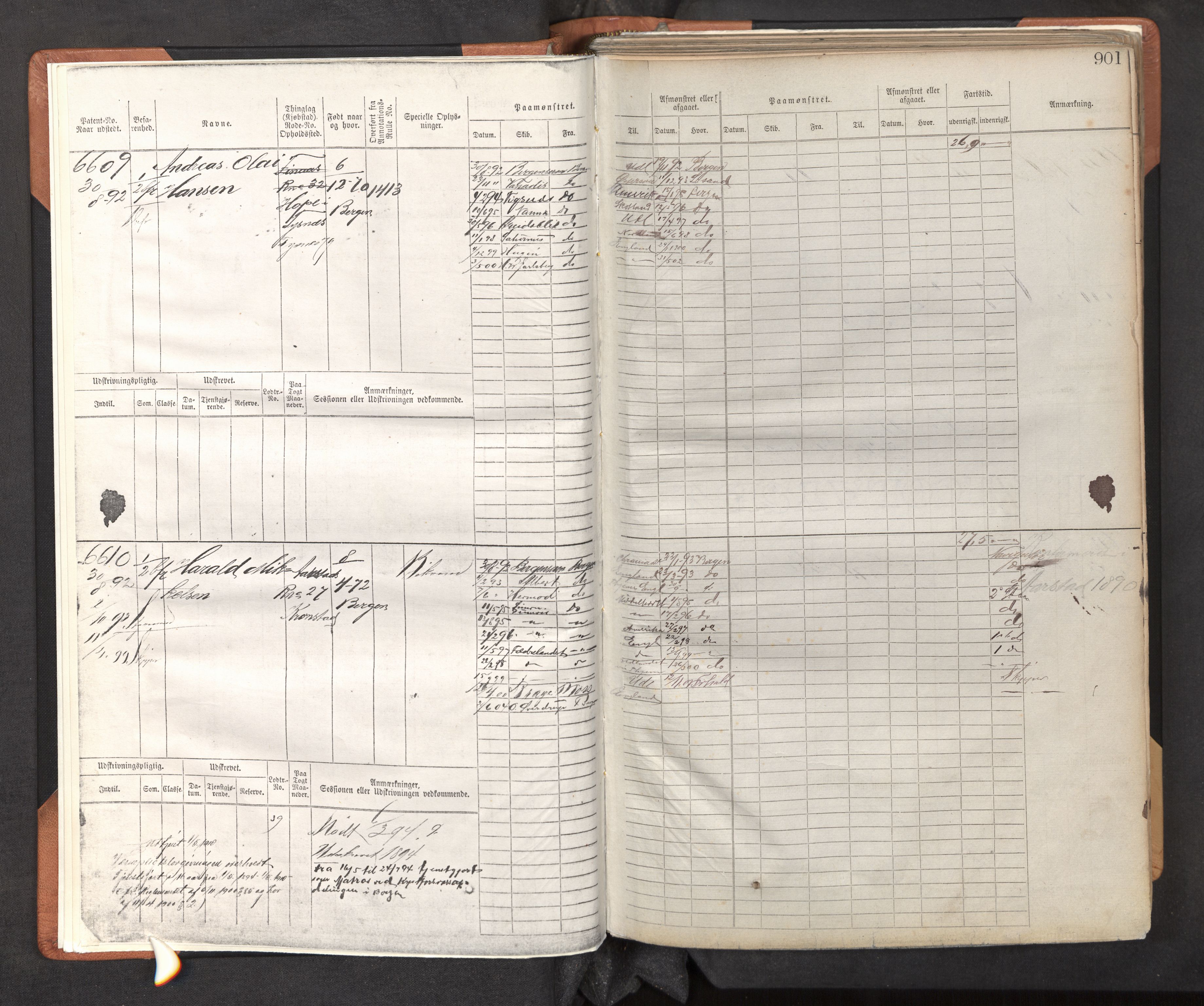 Innrulleringssjefen i Bergen, SAB/A-100050/F/Fc/L0011: Sjøfartshovedrulle, nr. 6011 - 7210, 1889-1895, p. 901