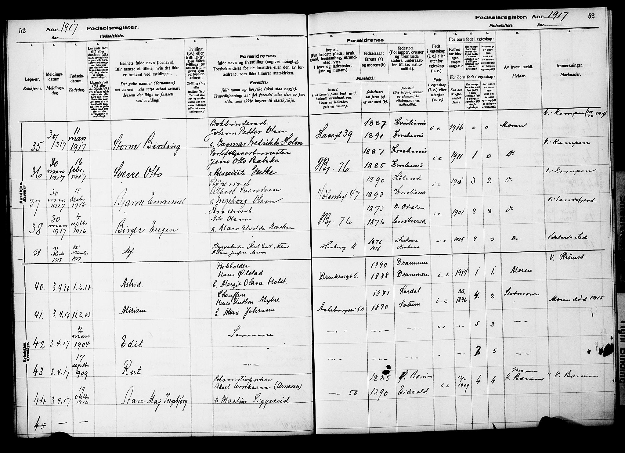 Kampen prestekontor Kirkebøker, SAO/A-10853/J/Ja/L0001: Birth register no. 1, 1916-1920, p. 52