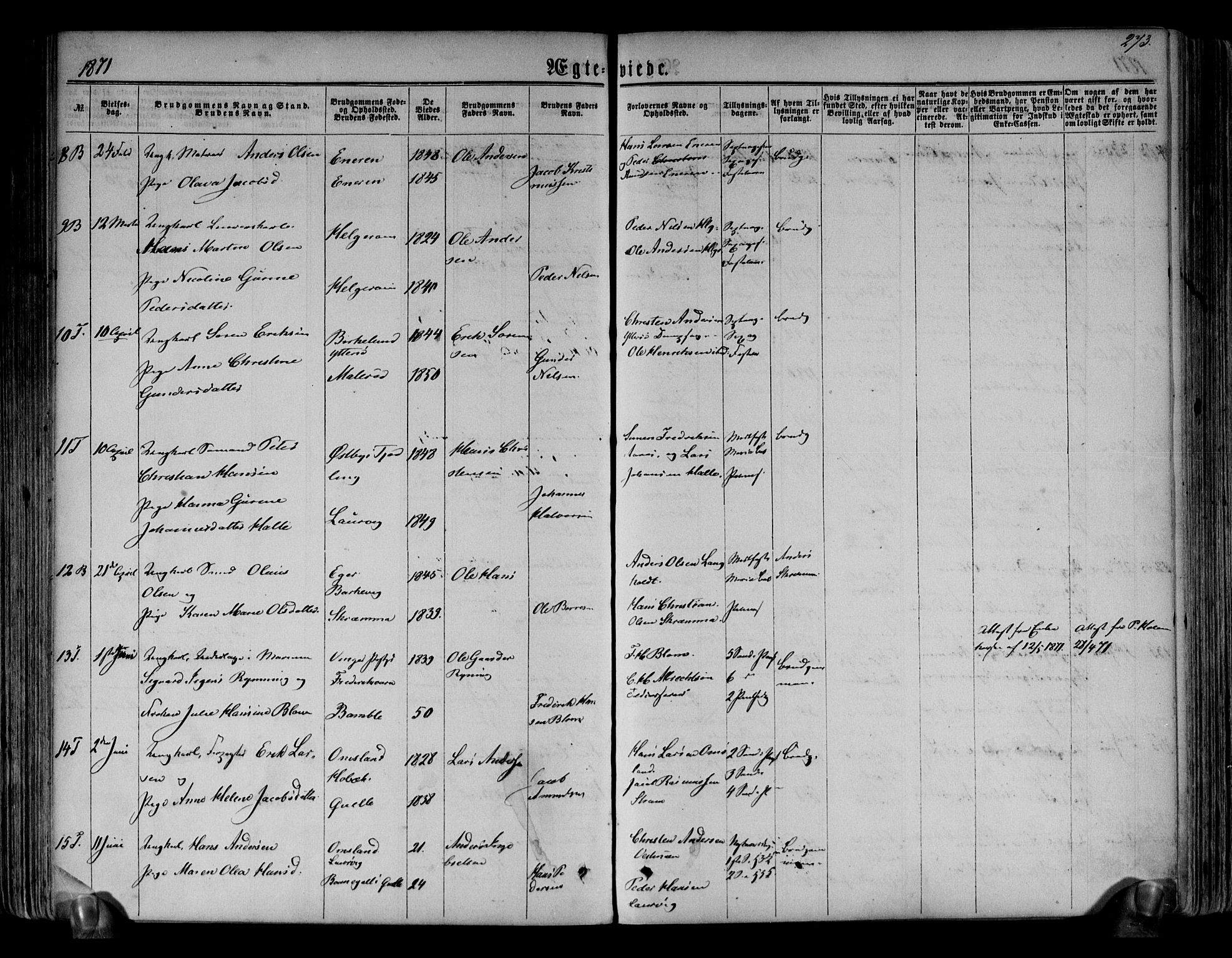Brunlanes kirkebøker, SAKO/A-342/F/Fa/L0005: Parish register (official) no. I 5, 1862-1877, p. 273