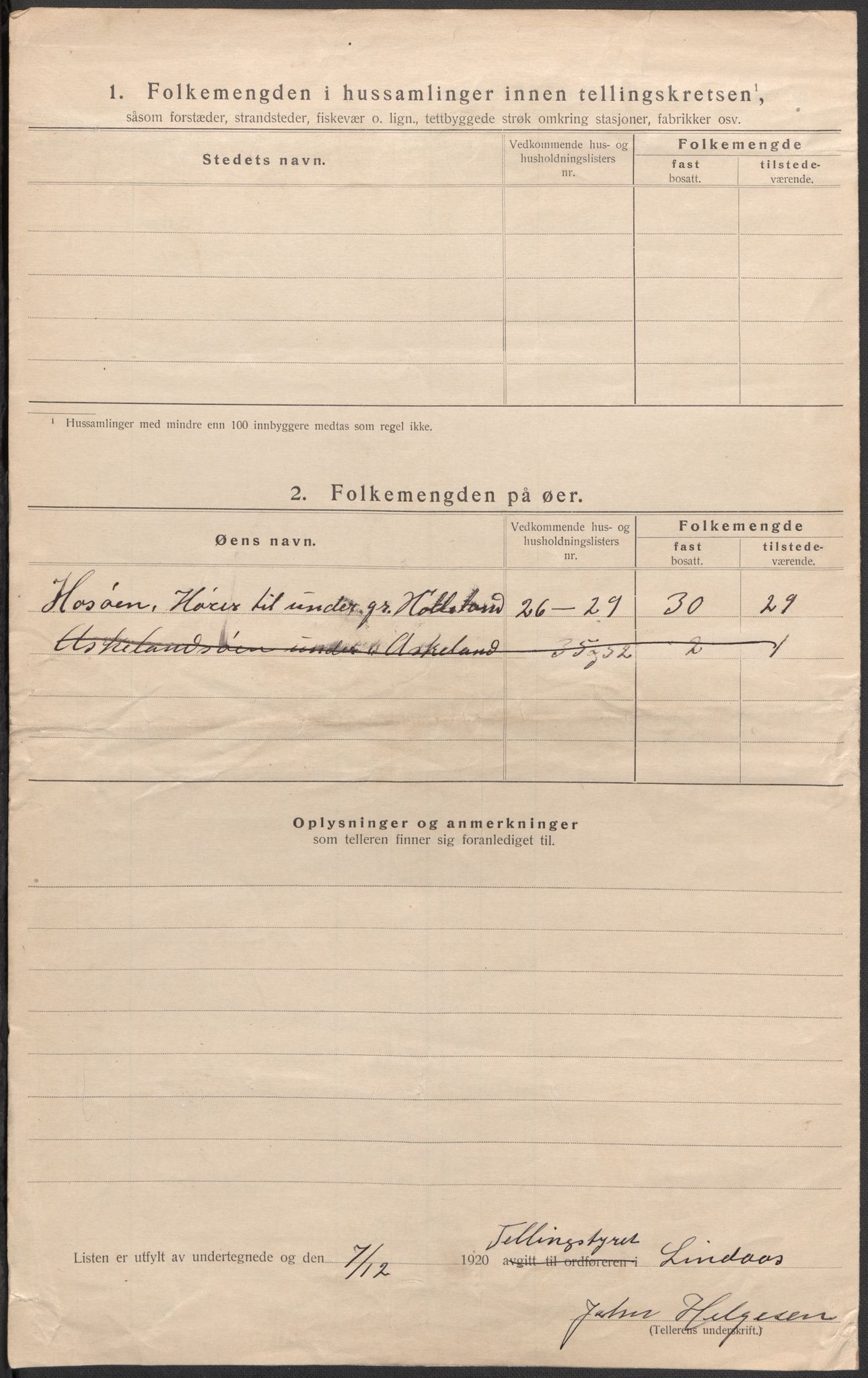 SAB, 1920 census for Lindås, 1920, p. 10