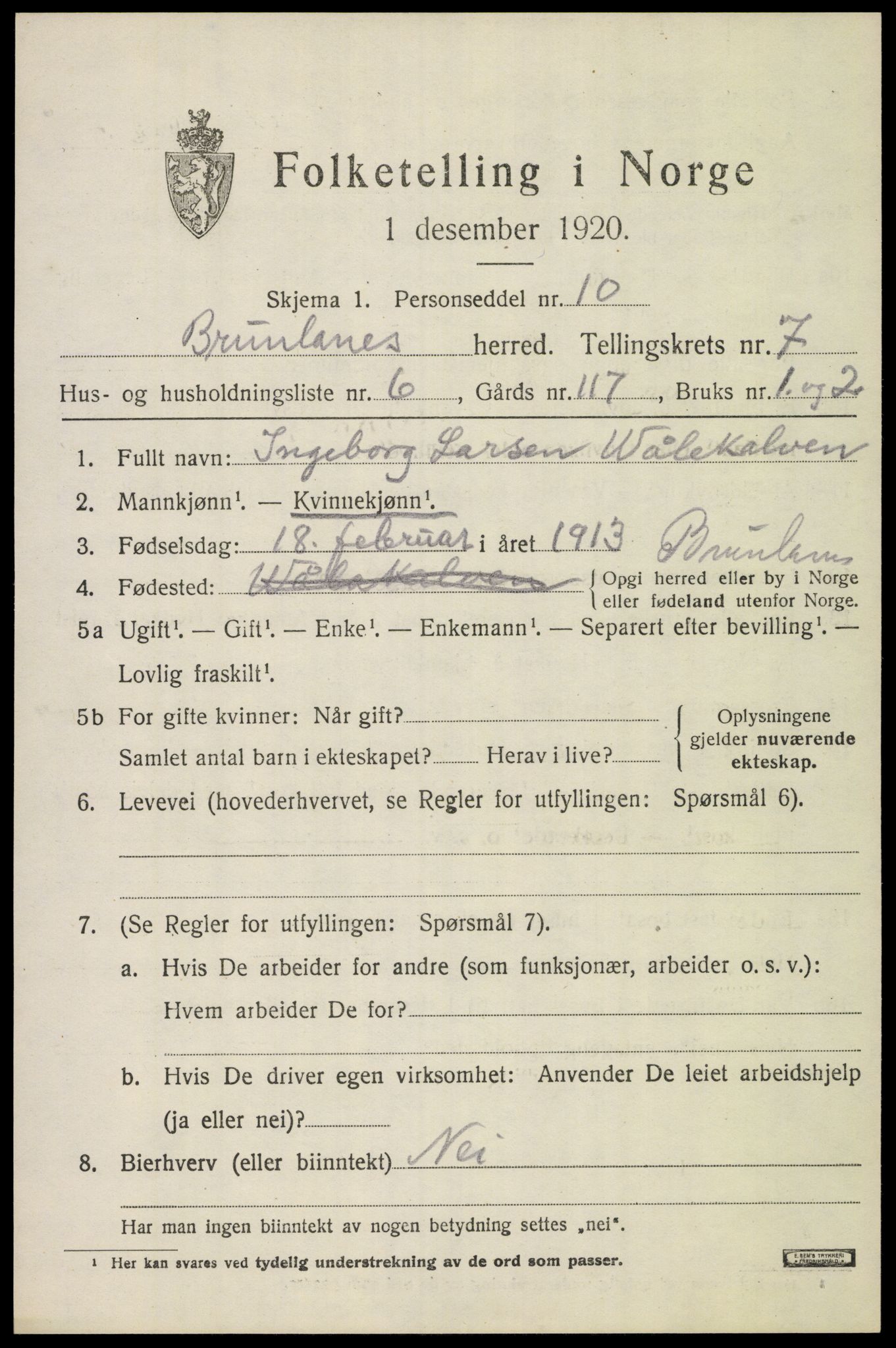 SAKO, 1920 census for Brunlanes, 1920, p. 7153