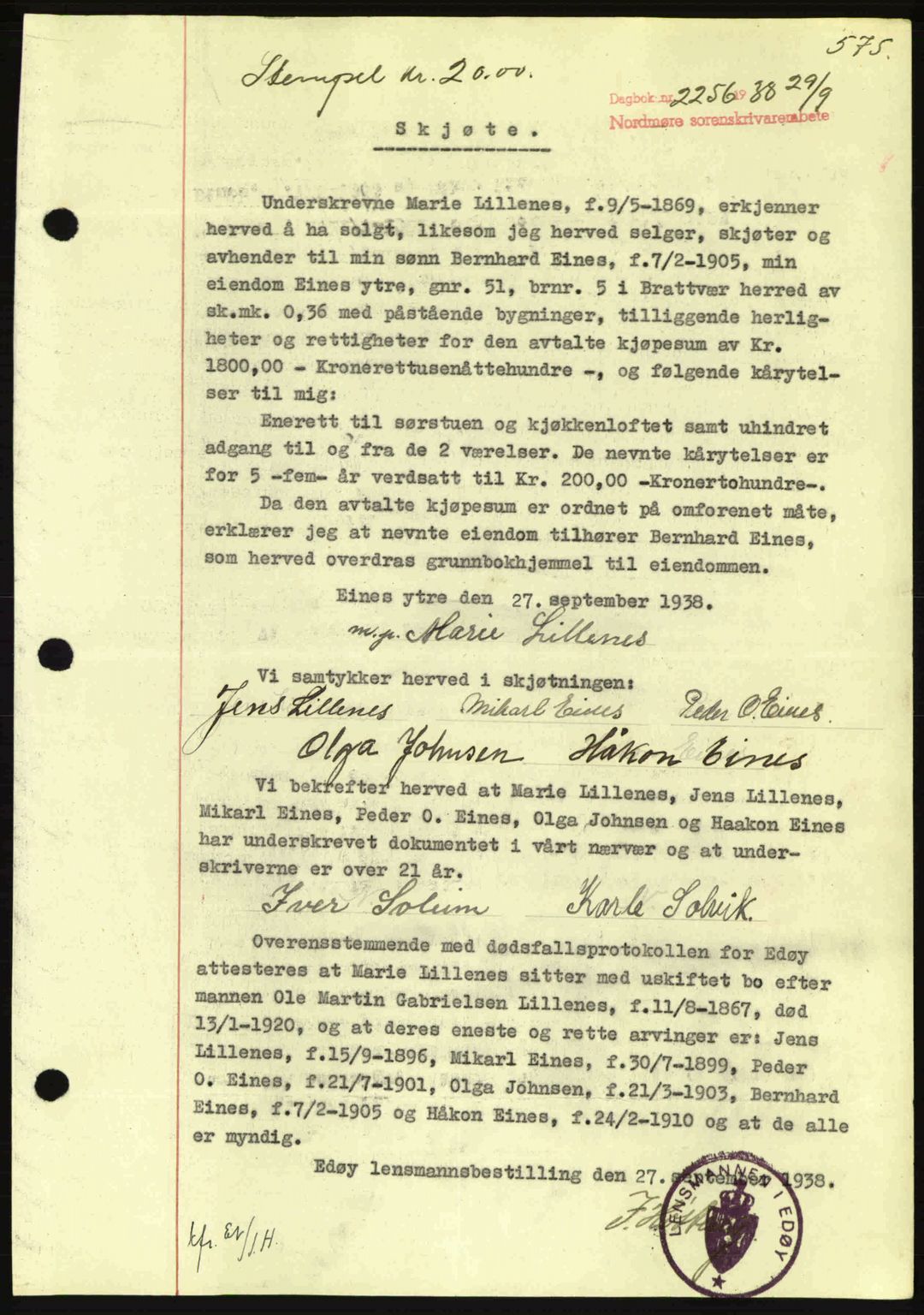 Nordmøre sorenskriveri, AV/SAT-A-4132/1/2/2Ca: Mortgage book no. A84, 1938-1938, Diary no: : 2256/1938