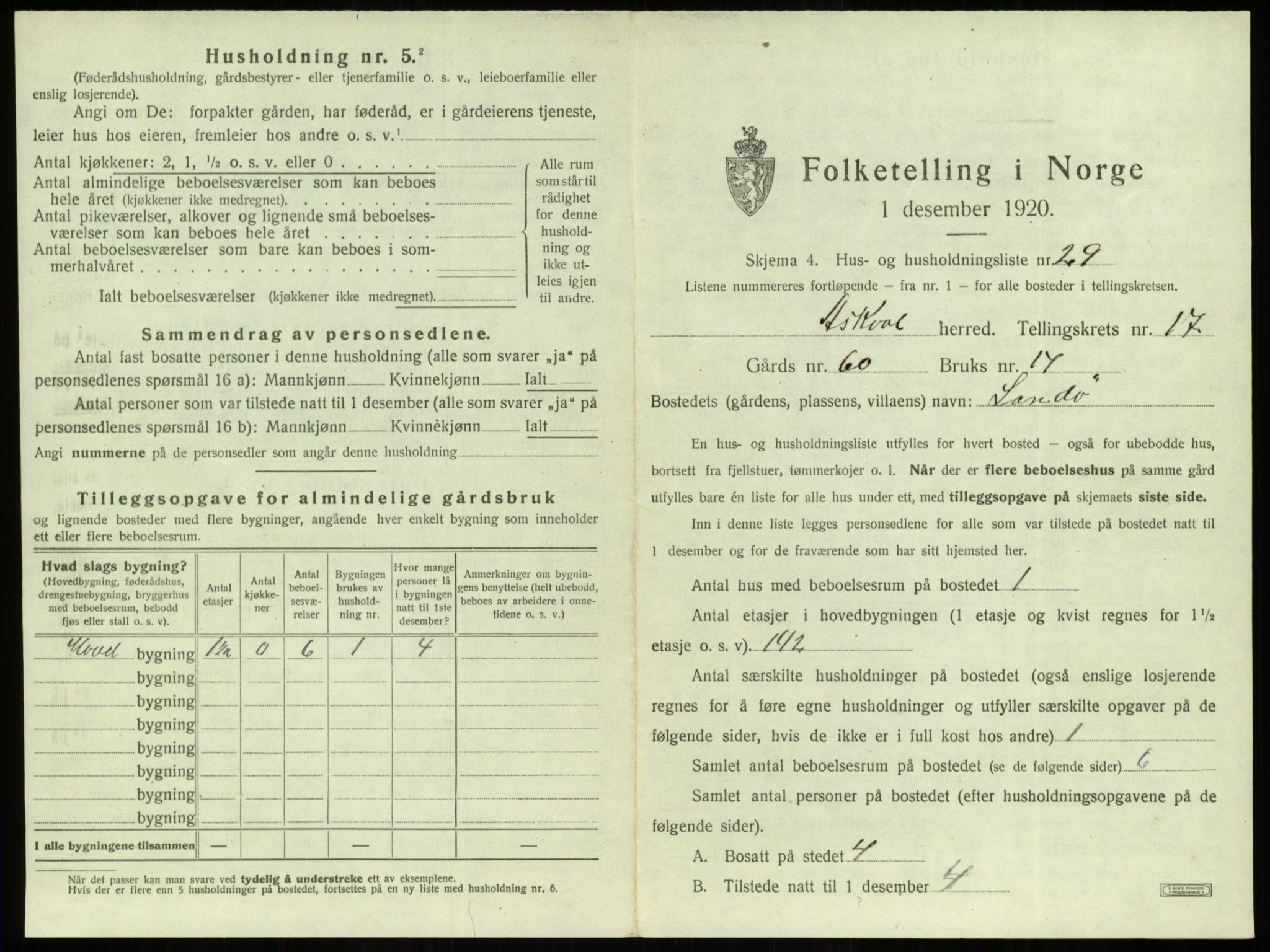 SAB, 1920 census for Askvoll, 1920, p. 964