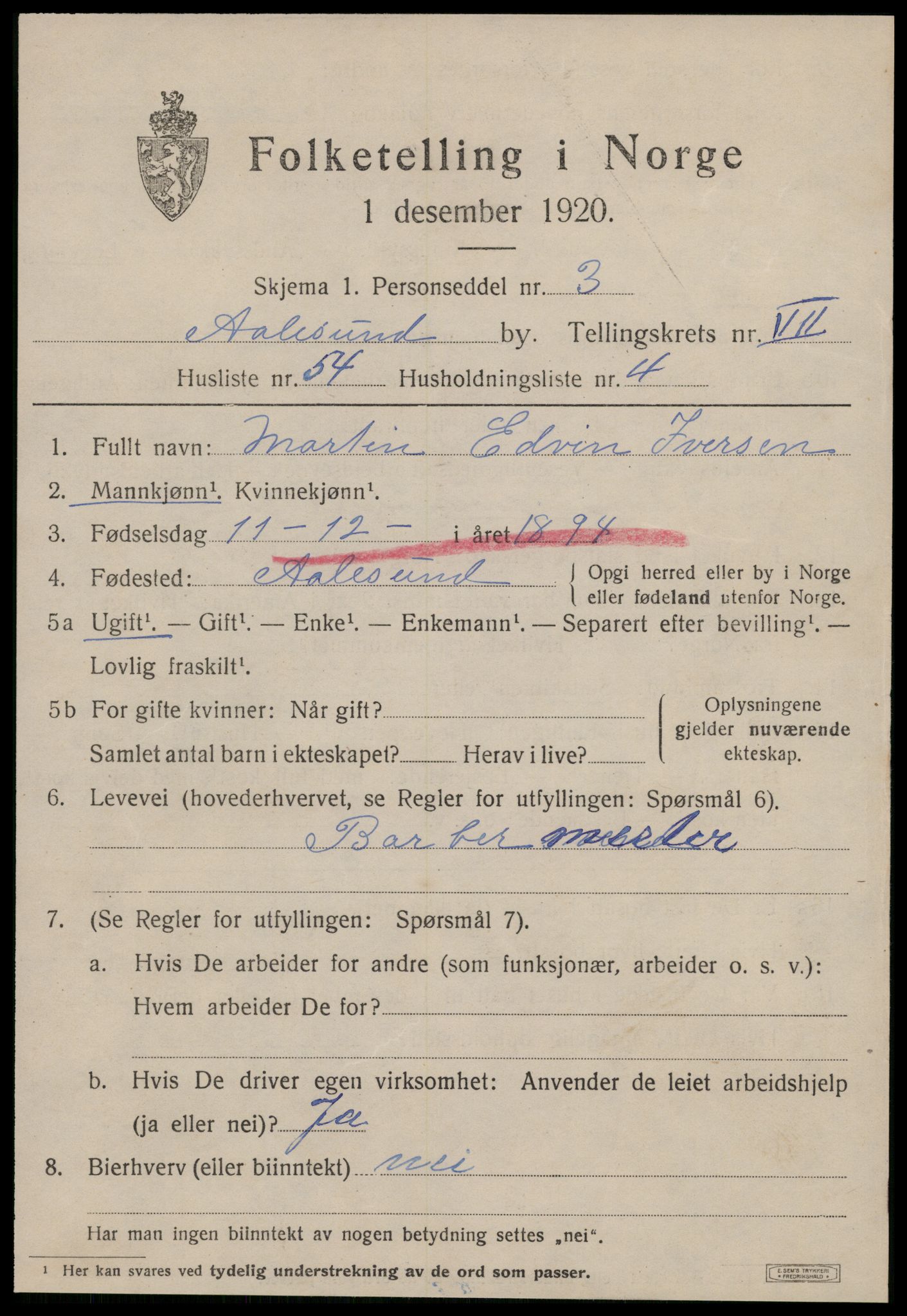 SAT, 1920 census for Ålesund, 1920, p. 21242