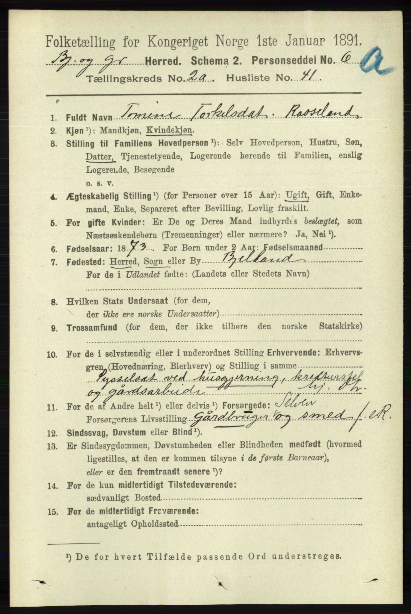 RA, 1891 census for 1024 Bjelland og Grindheim, 1891, p. 1353