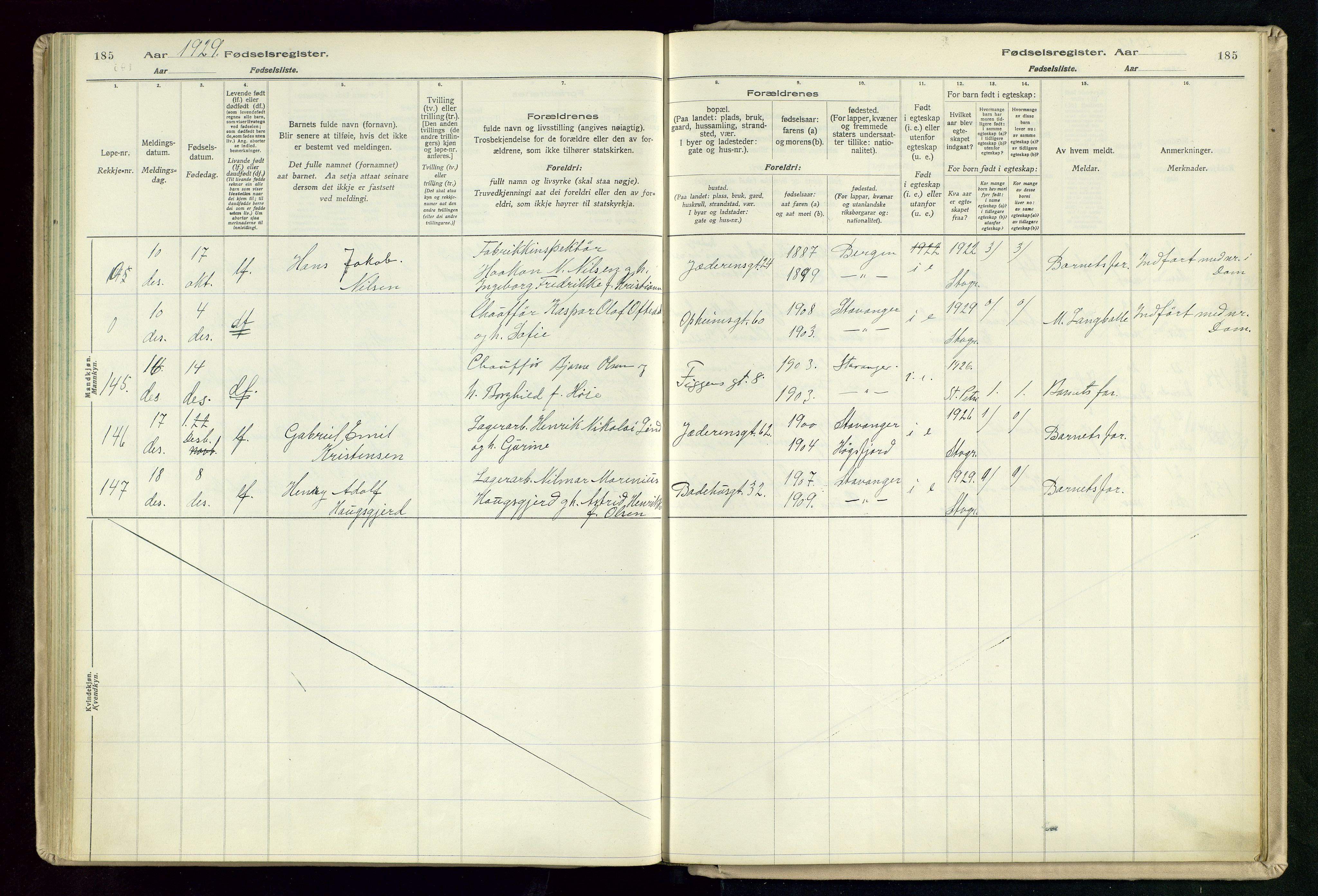 St. Johannes sokneprestkontor, AV/SAST-A-101814/002/A/L0003: Birth register no. 3, 1924-1930, p. 185