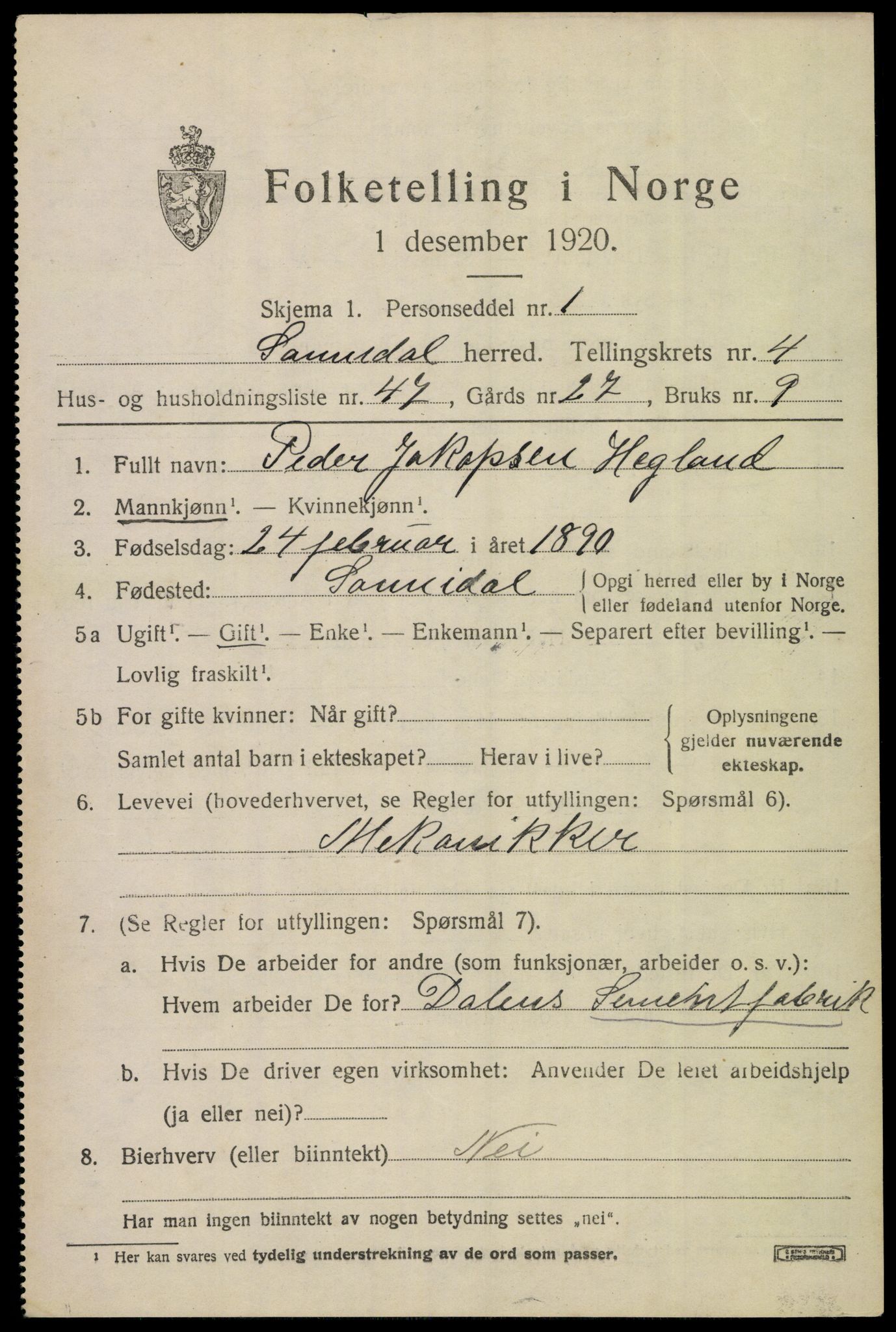 SAKO, 1920 census for Sannidal, 1920, p. 4047