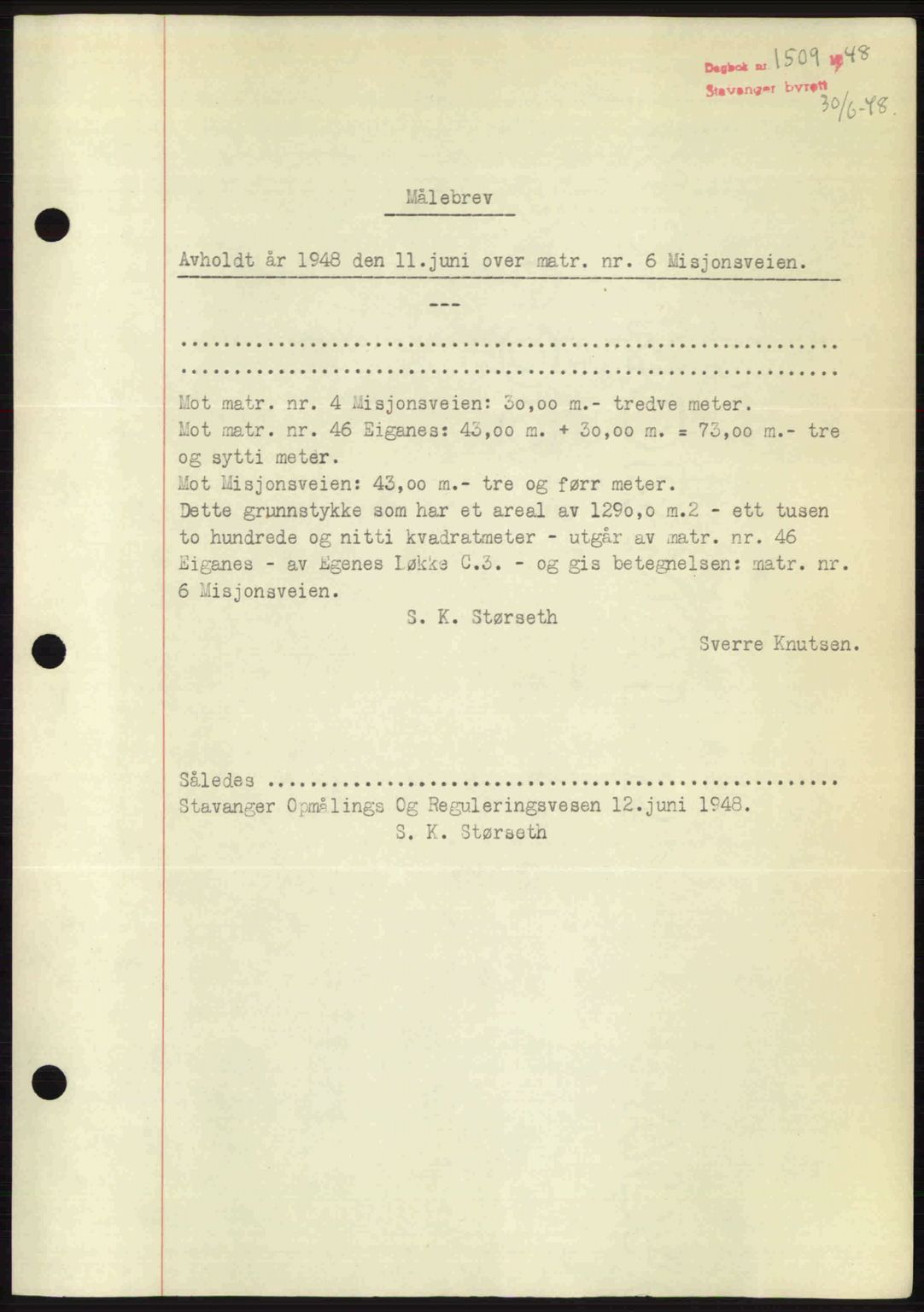 Stavanger byrett, SAST/A-100455/002/G/Gb/L0022: Mortgage book no. A11, 1947-1948, Diary no: : 1509/1948