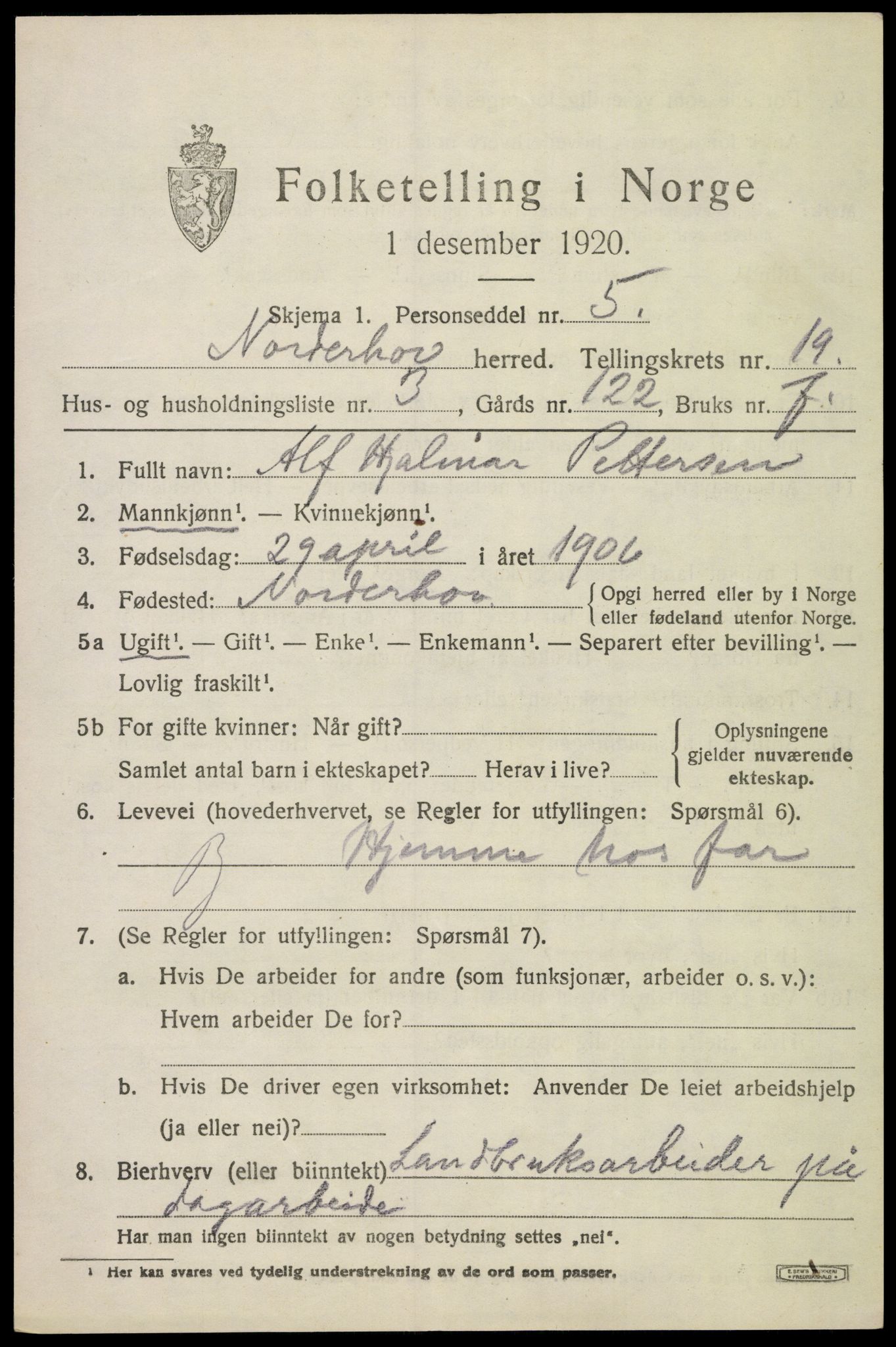 SAKO, 1920 census for Norderhov, 1920, p. 20334