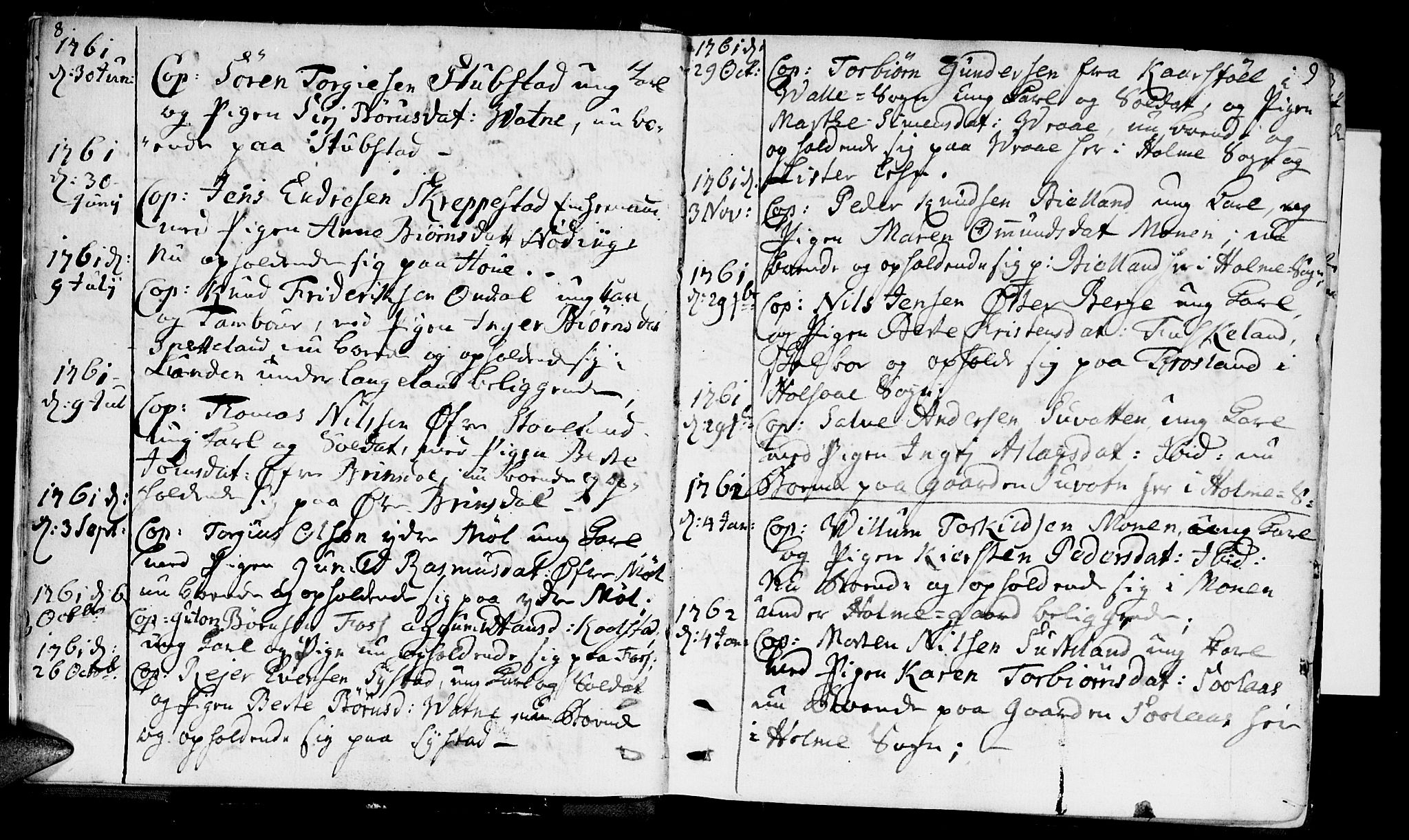 Holum sokneprestkontor, SAK/1111-0022/F/Fa/Faa/L0002: Parish register (official) no. A 2, 1756-1780, p. 8-9