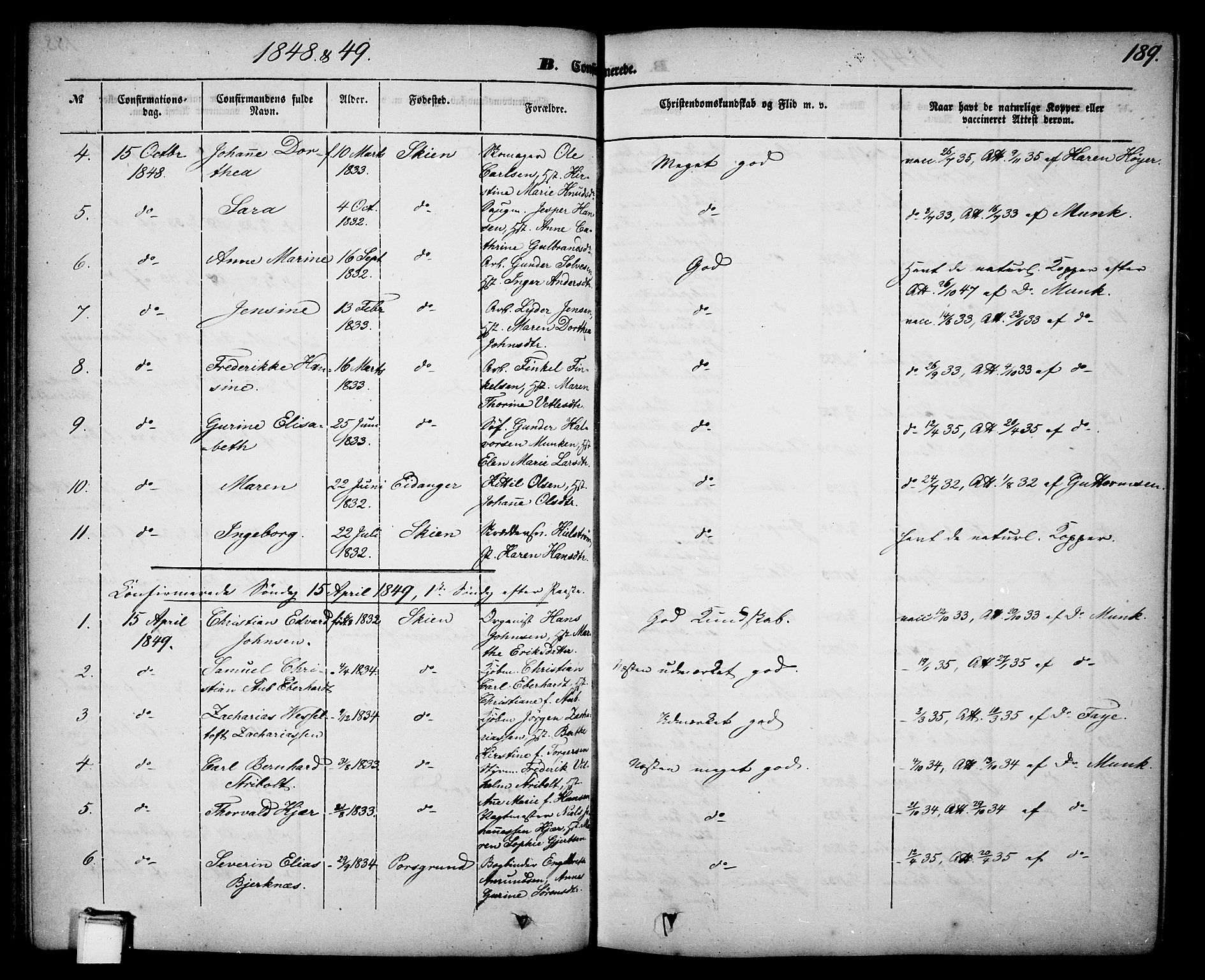 Skien kirkebøker, SAKO/A-302/G/Ga/L0004: Parish register (copy) no. 4, 1843-1867, p. 189