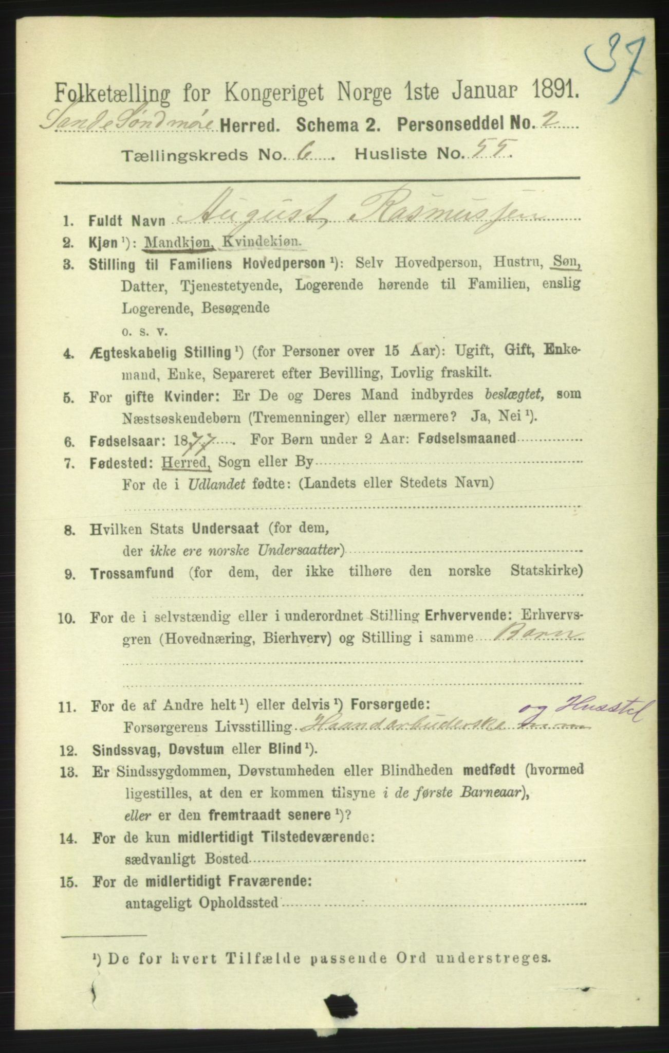 RA, 1891 census for 1514 Sande, 1891, p. 1351