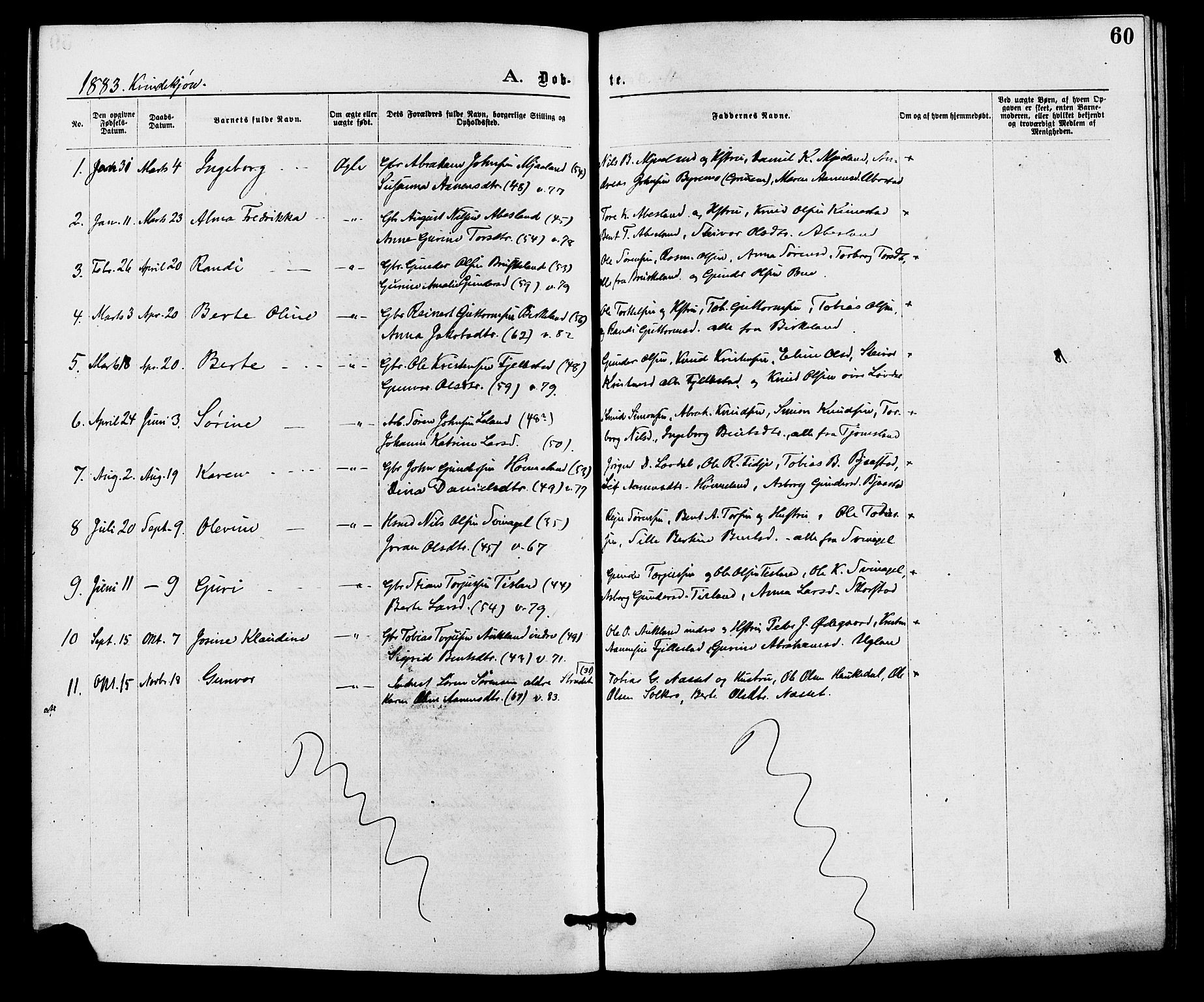 Holum sokneprestkontor, AV/SAK-1111-0022/F/Fa/Fab/L0006: Parish register (official) no. A 6, 1875-1886, p. 60