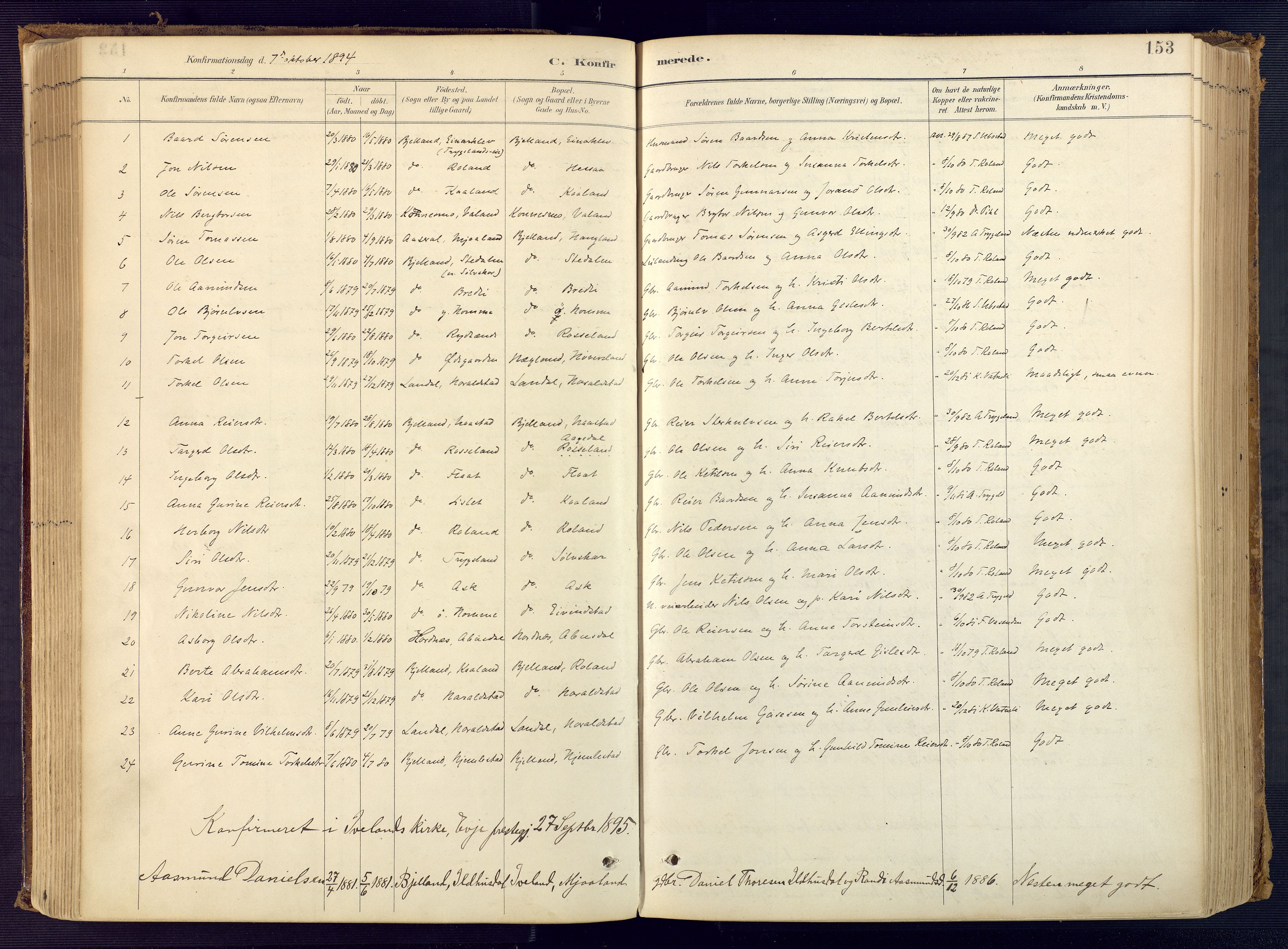 Bjelland sokneprestkontor, AV/SAK-1111-0005/F/Fa/Faa/L0004: Parish register (official) no. A 4, 1887-1923, p. 153