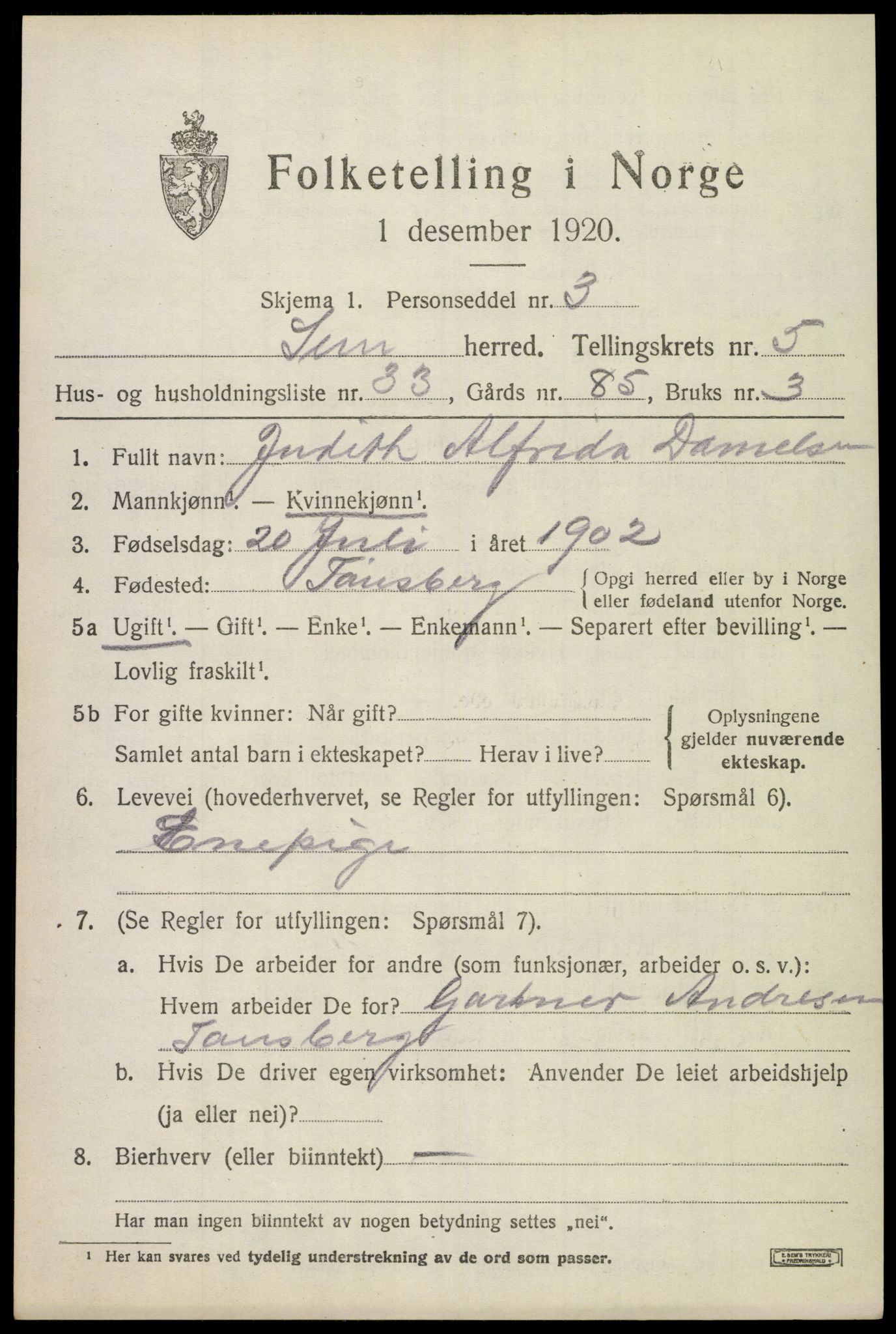 SAKO, 1920 census for Sem, 1920, p. 8159
