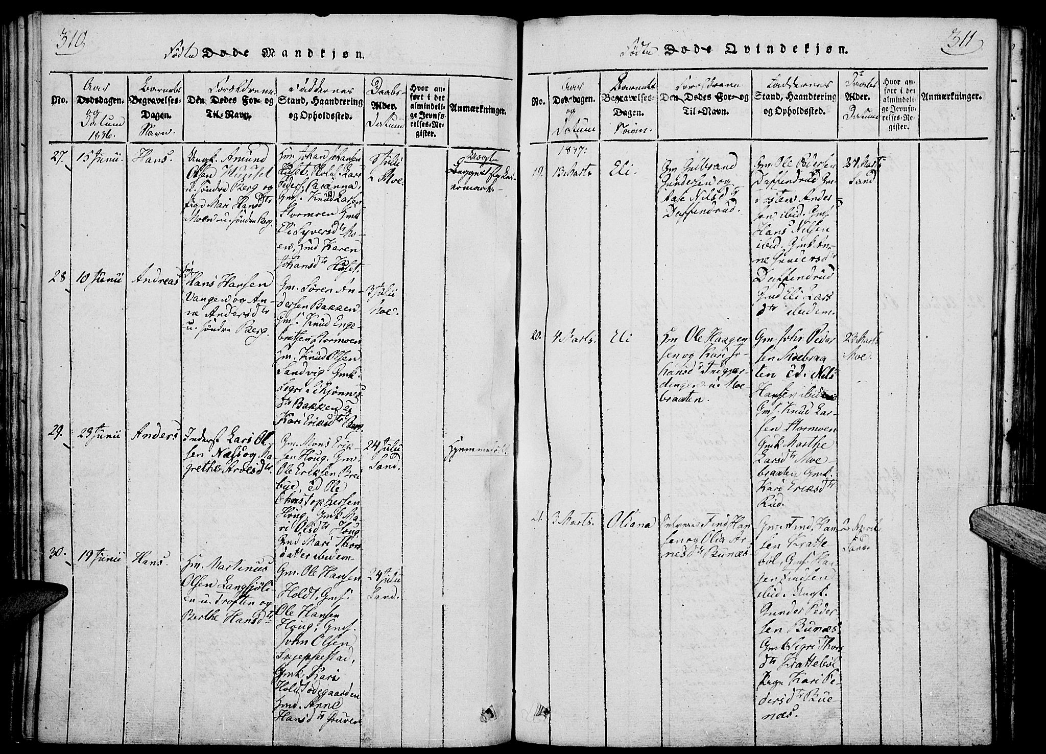 Nord-Odal prestekontor, AV/SAH-PREST-032/H/Ha/Haa/L0001: Parish register (official) no. 1, 1819-1838, p. 310-311