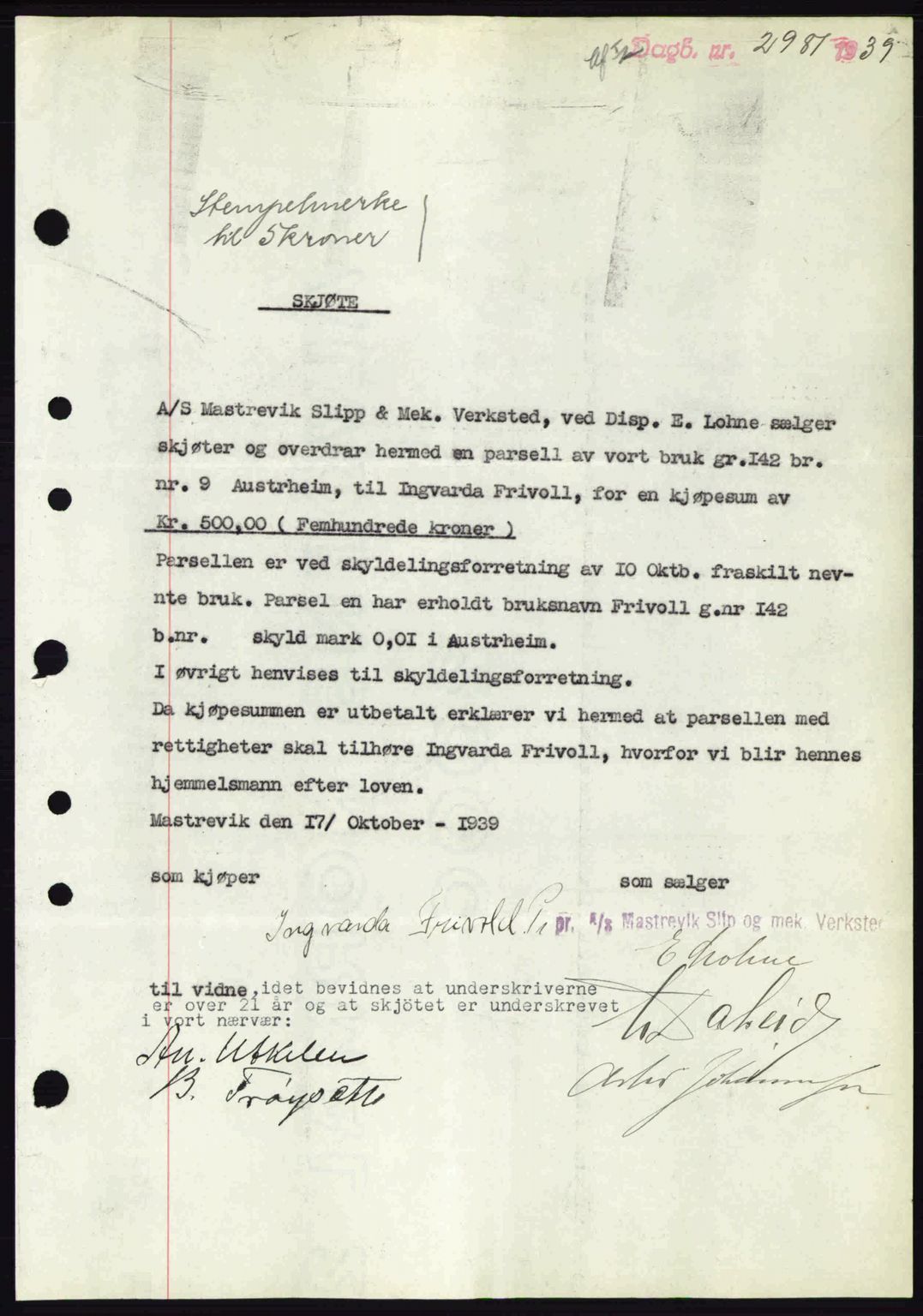 Nordhordland sorenskrivar, SAB/A-2901/1/G/Gb/Gbf/L0010: Mortgage book no. A10, 1939-1940, Diary no: : 2981/1939